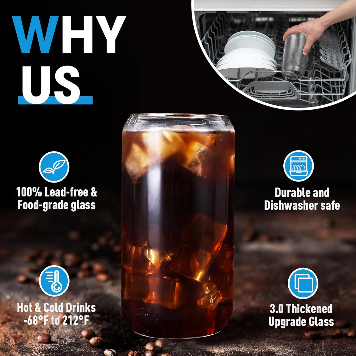 Drinking Glasses with Bamboo Lids and Glass Straw, 16Oz Can Shaped Glass Cups, Beer Can Glasses, Iced Coffee Cups, Glass Tumbler with Straw, for Cocktail, Whiskey, Gift - Clear Glass Cup Set(12 Pack) image number 4