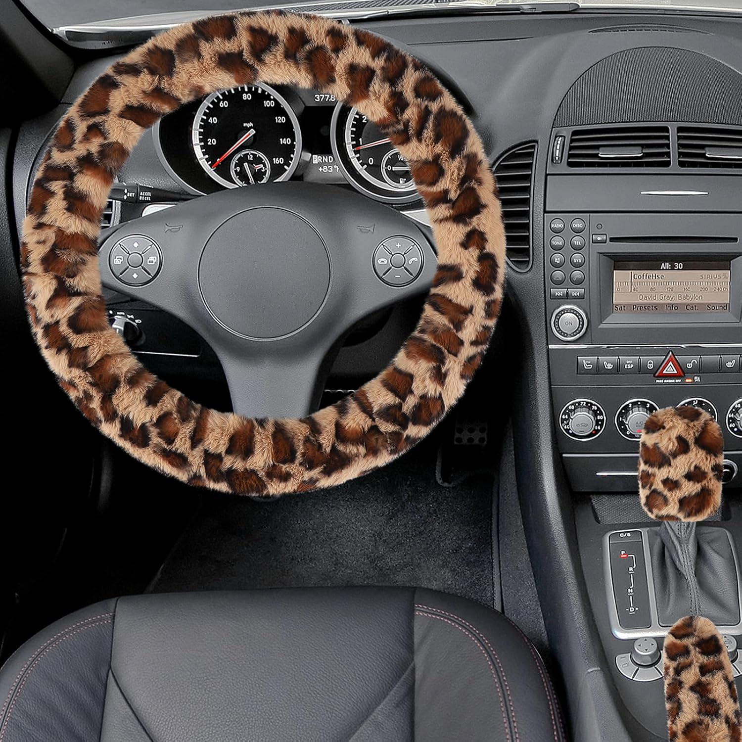 Accmor Fuzzy Car Steering Wheel Cover, Universal Fit Fur Auto Wheel Cover & Handbrake Cover & Gear Shift Cover Set, Leopard Warm Fluffy Vehicle Wheel Protector Car Accessories for Men Women (Brown) image number 2