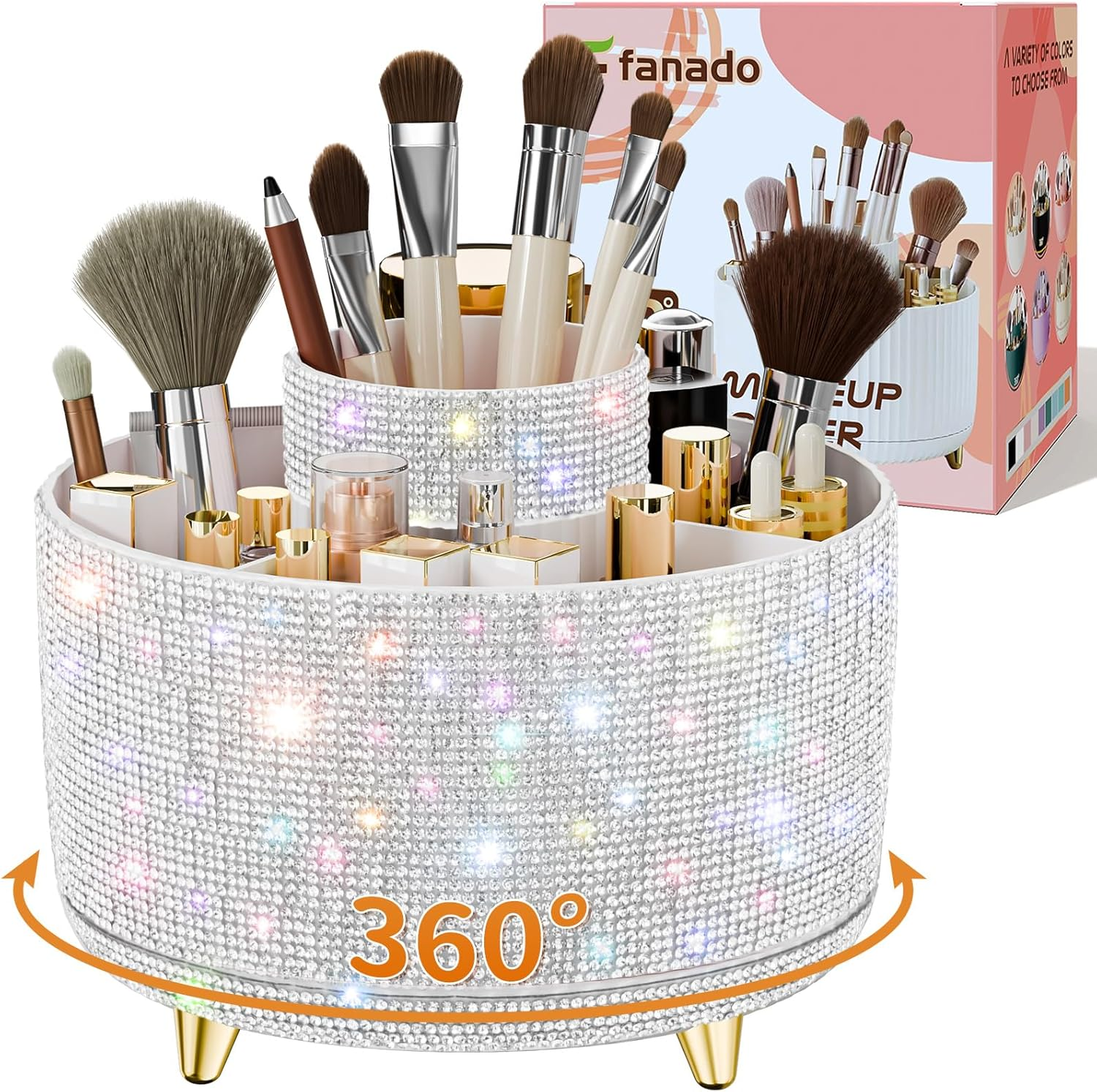 Fanado Bling Diamond Makeup Brush Holder, 360&deg; Rotating Makeup Organizer, 5 Slot Make up Brushes Cup for Countertop, Storage for Cosmetics Pen Eyeliner Skincare on the Vanity (Diamond White)