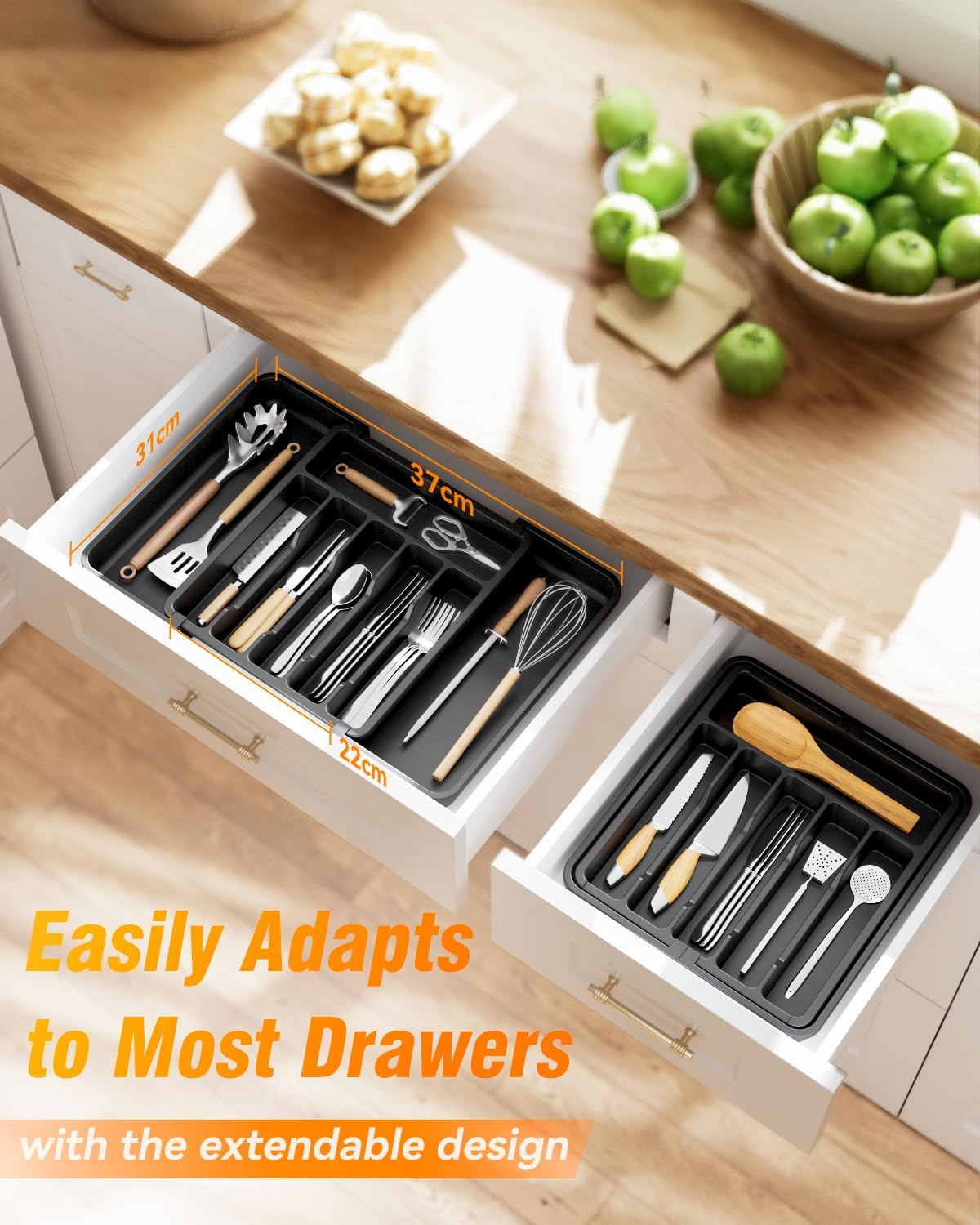 Billord Cutlery Drawer Organiser Tray - Large Kitchen Utensil Drawer Organisers, Expandable Kitchen Draw Organizer Adjustable 33-57Cm for Silverware and Flatware Holder, Plastic Storage Dividers image number 4