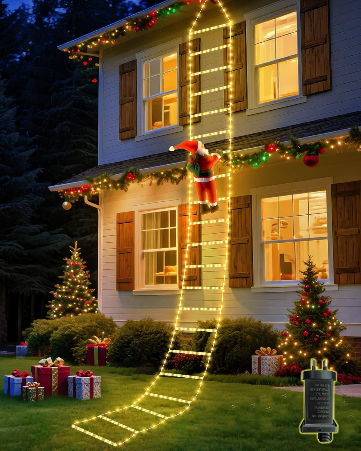 Warm White Christmas Decorations LED Ladder Light with Climbing Santa Claus, 3M Outdoor Christmas Decorative Lights - 8 Modes Xmas Lights Tree for Home Holiday Wall Window Xmas Decor image number 2