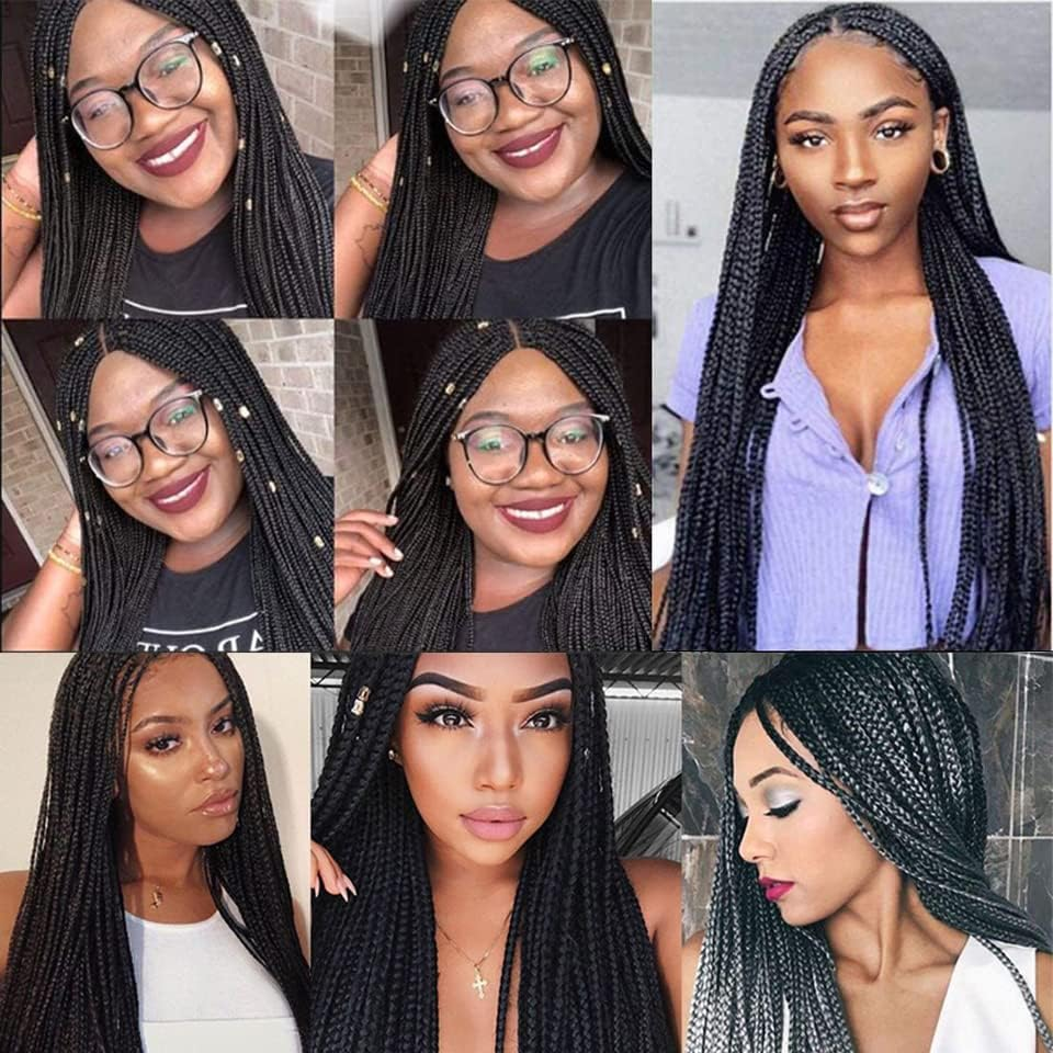 Czrleaty Knotless Braided Wigs for Black Women Heat Resistant Fiber Soft Synthetic Short Bob Box Braided Wig with Bangs African American Braided Wigs (22 Inches, Middle Part Black) image number 5