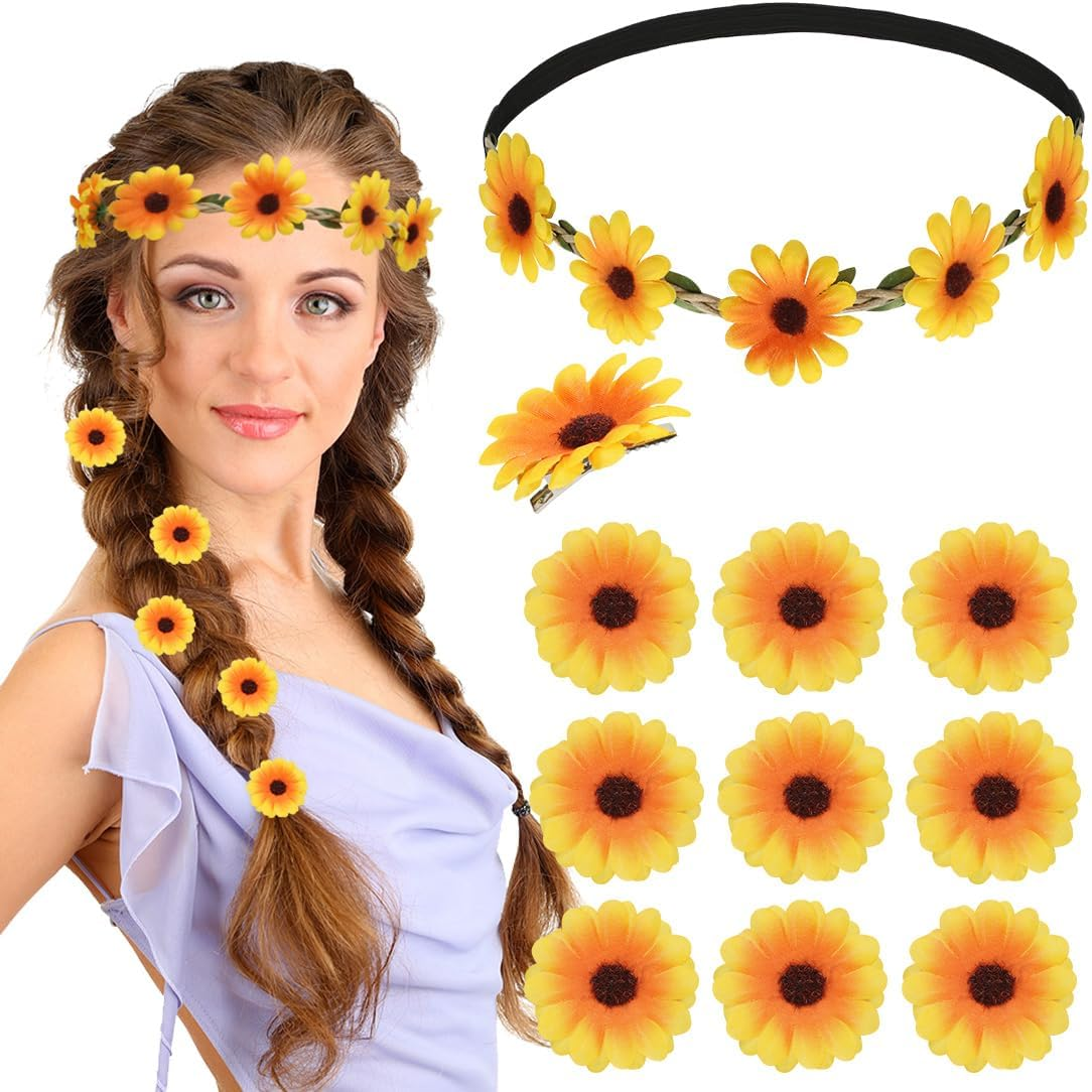 Sunflower Hair Band, Flower Headband with 10 Hair Clips, Sunflower Hair Accessory Set, Sunflower Headband for Women, Carnival, Bridal, Holiday by the Sea, Wedding, Party