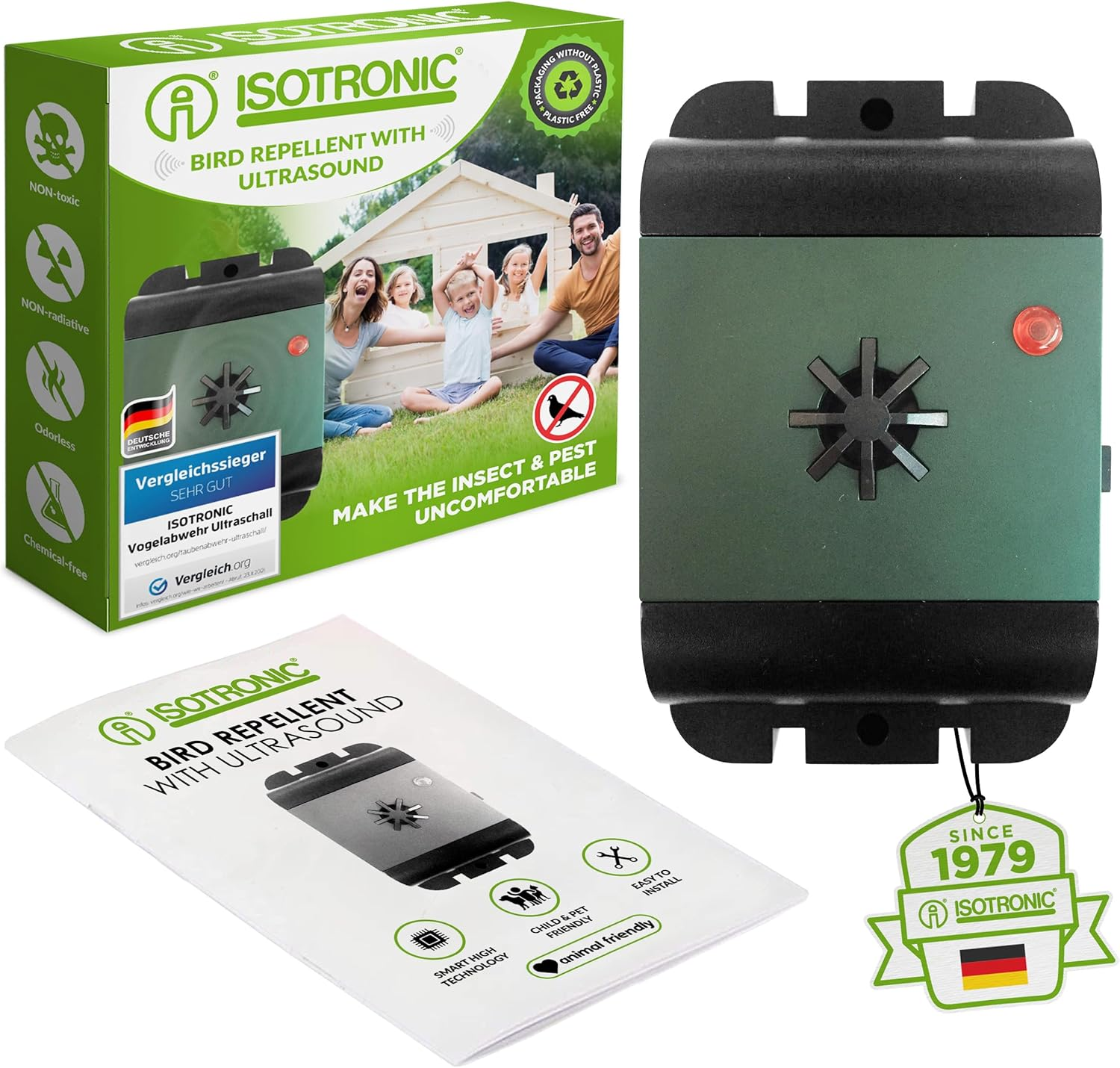 ISOTRONIC&reg; Ultrasonic Bird Repeller Device, Battery Powered Portable Bird Deterrent, Pigeon Scarer - Pack of 1 Pcs. image number 6