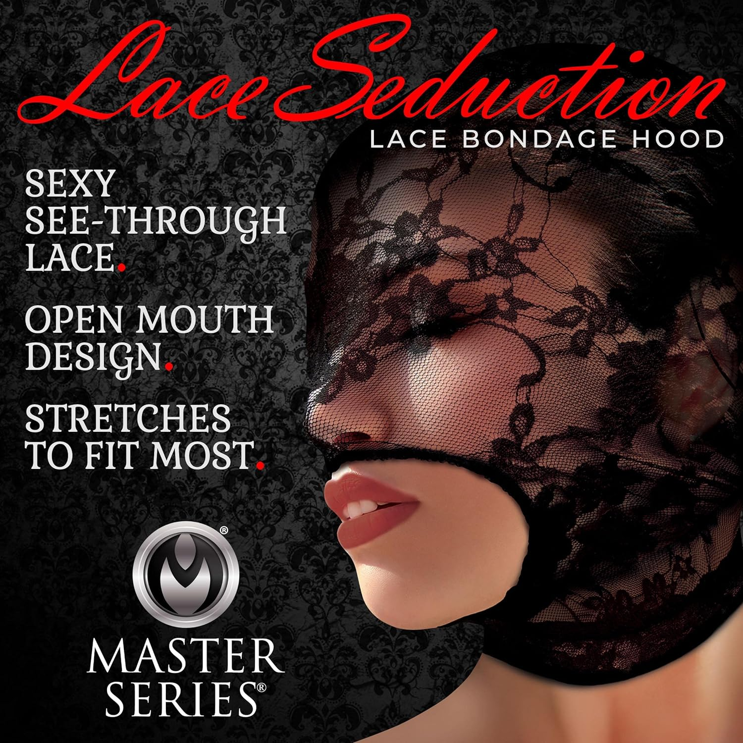 MASTER SERIES Lace Seduction Bondage Hood. BDSM Mask and Sexy Fetish Fantasy Costume for Women, Men & Adult Couples. Machine Washable, Polyester, Black, One Size Fits Most