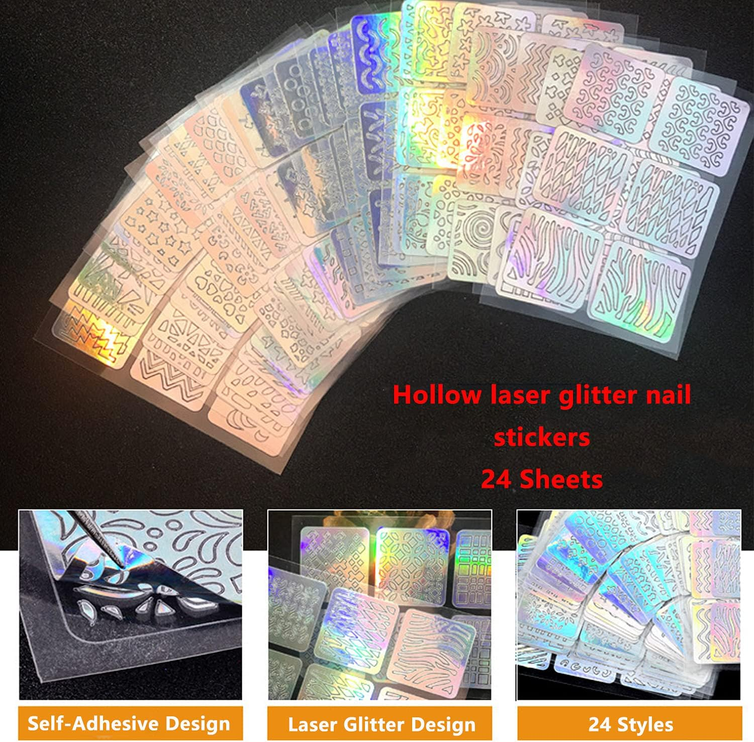 24 Sheets Laser Nail Art Stickers, Holographic Glitter Nail Art Decals Design Flowers Leaf Heart Line Nail Supplies for Women Manicure Tips Decoration Nail Painting Nail Powder Styling Decoration image number 6