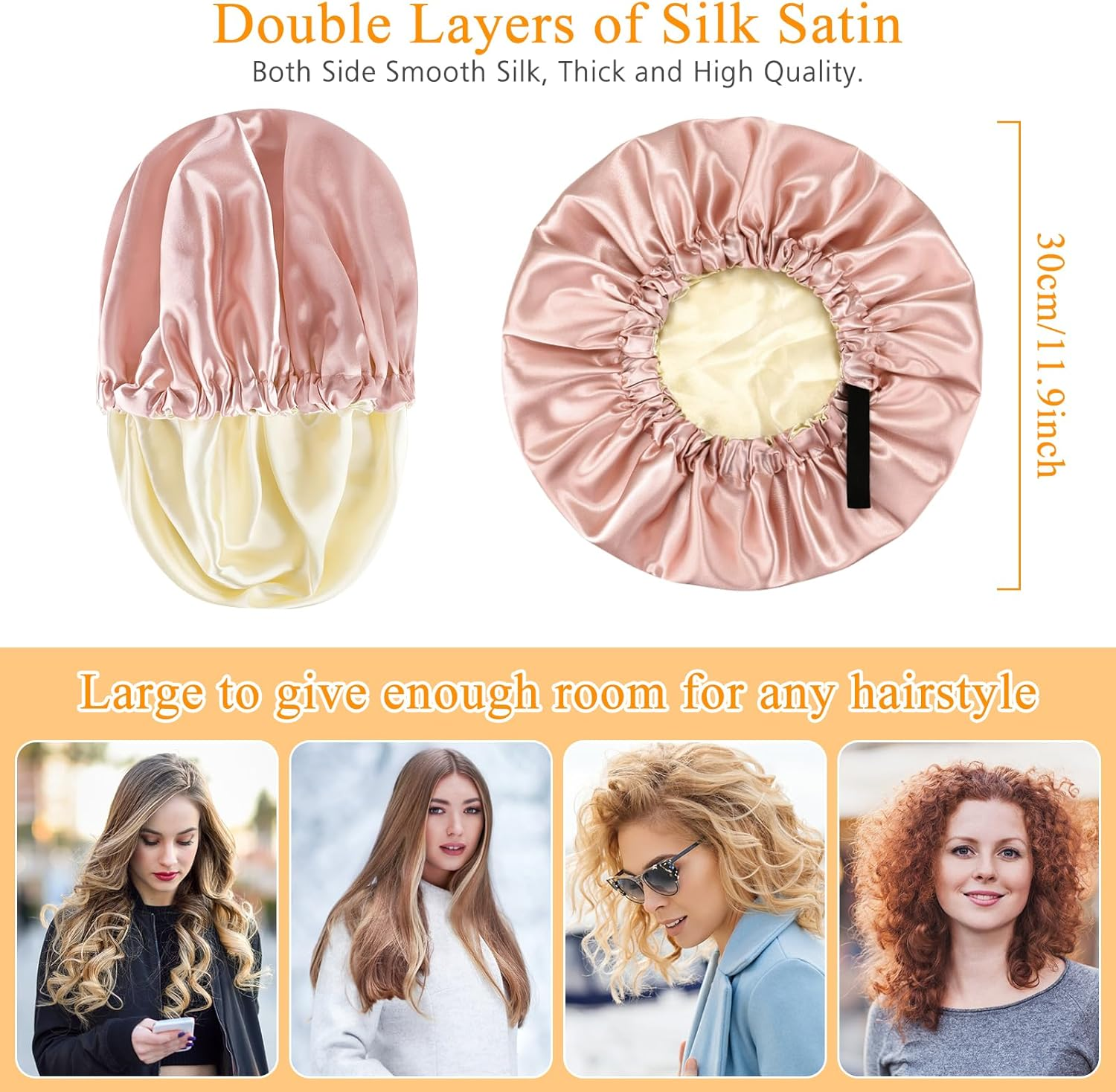 Large Satin Bonnet Silk Bonnet for Sleeping Women Men, Hair Bonnet Double Layer Reversible with Elastic Tie Band Adjustable Night Sleep Cap Wrap for Curly Hair image number 3