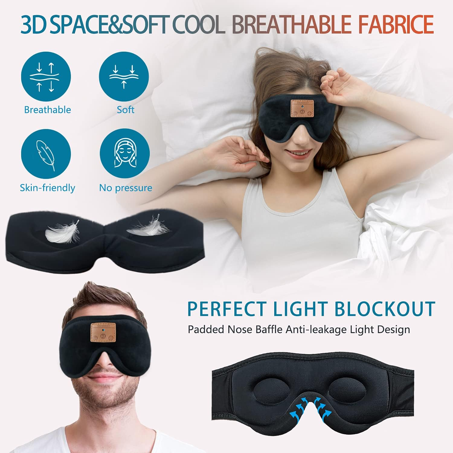 ZRUHIG Bluetooth Sleep Mask, Sleep Mask with Bluetooth Headphones, Eye Mask with Sleeping Headphones for Side Sleeper, Nap, ASMR, Air Travel, Meditation, Relaxation, Black image number 6