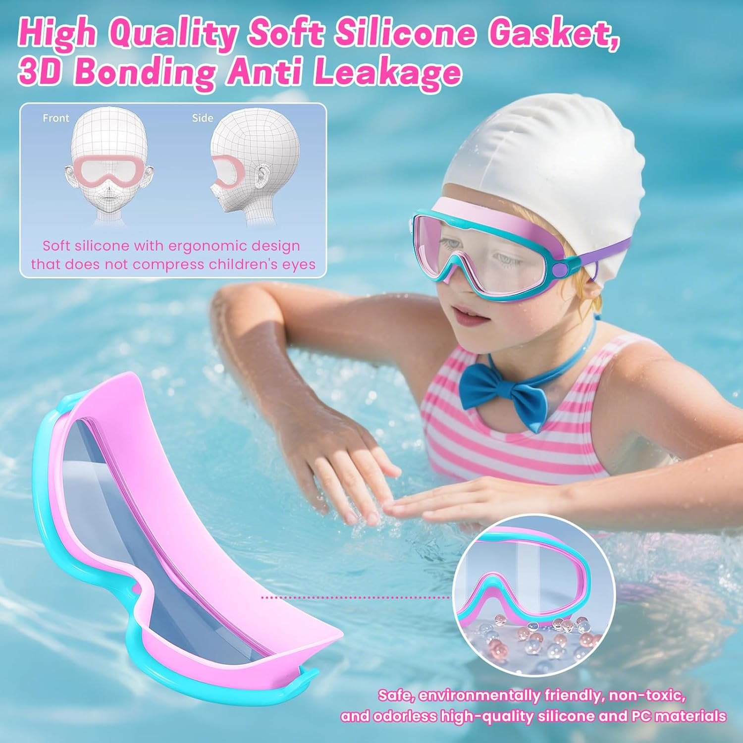 Pearyaest Kids Swim Goggles,Swimming Glasses Swim Cap Set for Children and Early Teens from 3 to 15 Years Old,With Earplugs,Silicone Frame,Strap with Adjustable Buckle,Wide Vision,Anti-Fog image number 4