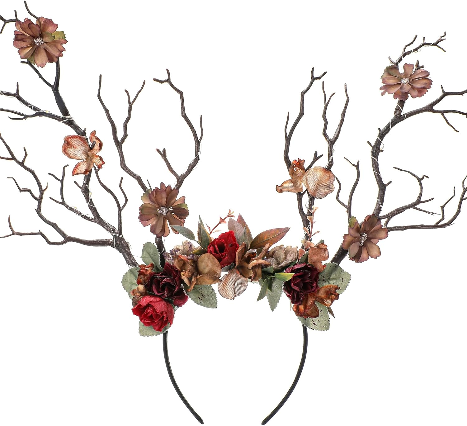 MOSTORY Green Forest Branch Headband - Fairy Forest Headband with Flowers, Floral Antler Headwear for Women, Witch Renaissance Costume, Halloween Renfaire Outfit, Cosplay Photoshoot image number 1