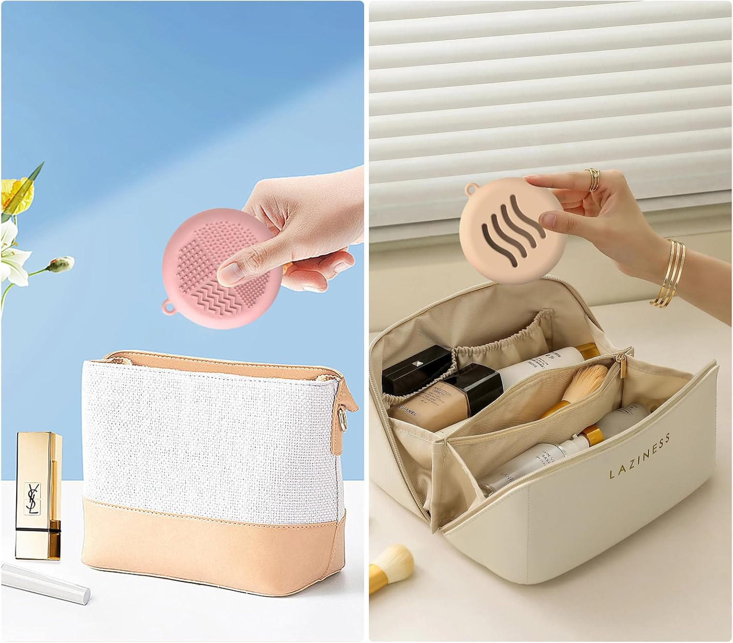 Reayou Silicone Makeup Sponges Case, 2 PCS Holder and Cleaner 2 in 1 for round Triangular Powder Puff, Travel Beauty Facial Blenders Pouch Cosmetic Bag Portable Wash Tools Home Salon Pink Beige image number 4