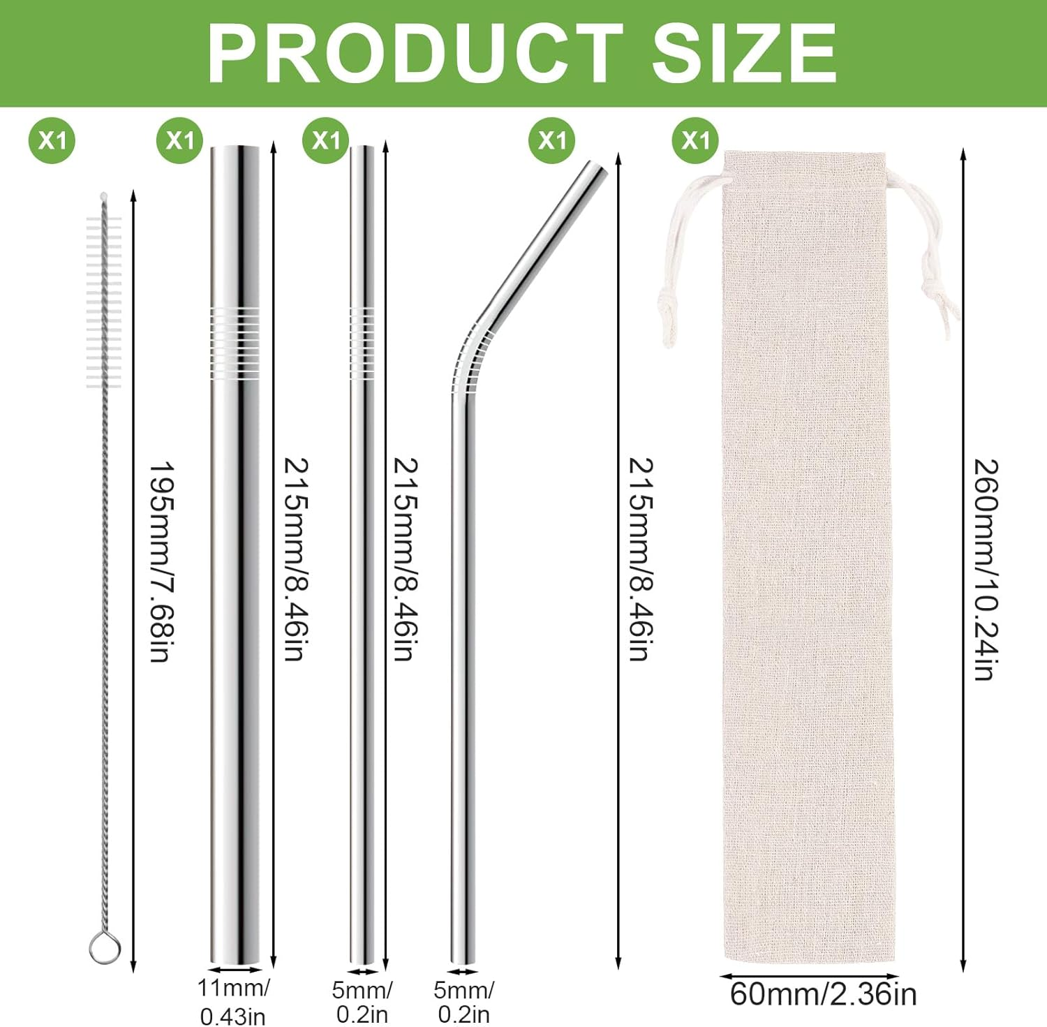 Ozgrove Reusable Metal Straws Set, 304 Stainless Steel 1 Straight 1 Bent & Thick Boba Straw with Cleaning Brushes & Cloth-Container, Anti-Wrinkle Drinking Cup Accessories for Smoothie Bubbling Tea