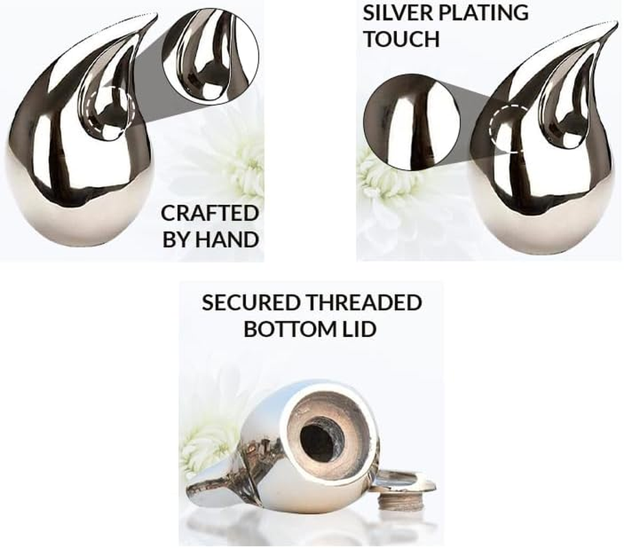 1 Pcs Unique Silver Teardrop Small Keepsake Cremation Urns for Human Ashes Adult for Both Male and Female, Mom Dad Son Women Men Mini Urns,Funeral Small Earns for Ashes with Velvet Bags 3 Inch Size