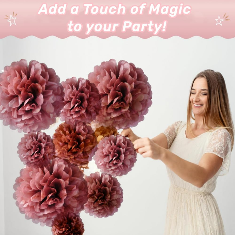 FUNNTY Paper Pom Poms Party Kit-Tissue Pom Poms Paper Flowers Wall Backdrop Centerpieces for Wedding Birthday Baby Shower Bachelorette Bridal Shower Party Supplies（9 Pcs Lotus Pink Color） image number 3