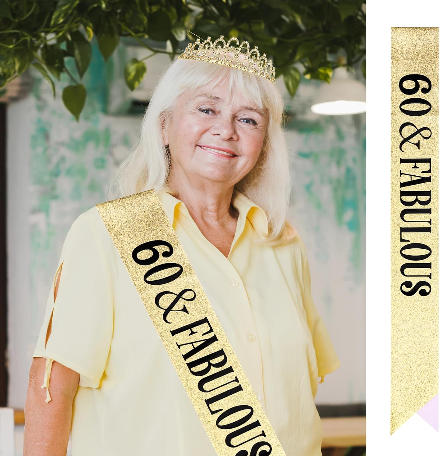 KIUEZIR Golden 60Th Birthday Tiara & Sash Set - Rhinestone Alloy 60Th Crown with Comb & Glitter Ribbon "60 & Fabulous" for Mom'S & Grandma'S Birthday Parties, Anniversaries and Photoshoots image number 4