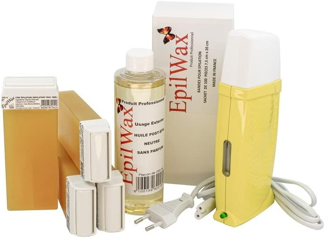 Epilwax Royal Depilatory Kit Complete With: Professional Wax Heater 4 Roll-On Wax 100 Ml Vanilla, 100 Depilatory Strips, 1 Bottle of 250 Ml after Wax Oil (Royal Vanilla Series 4)