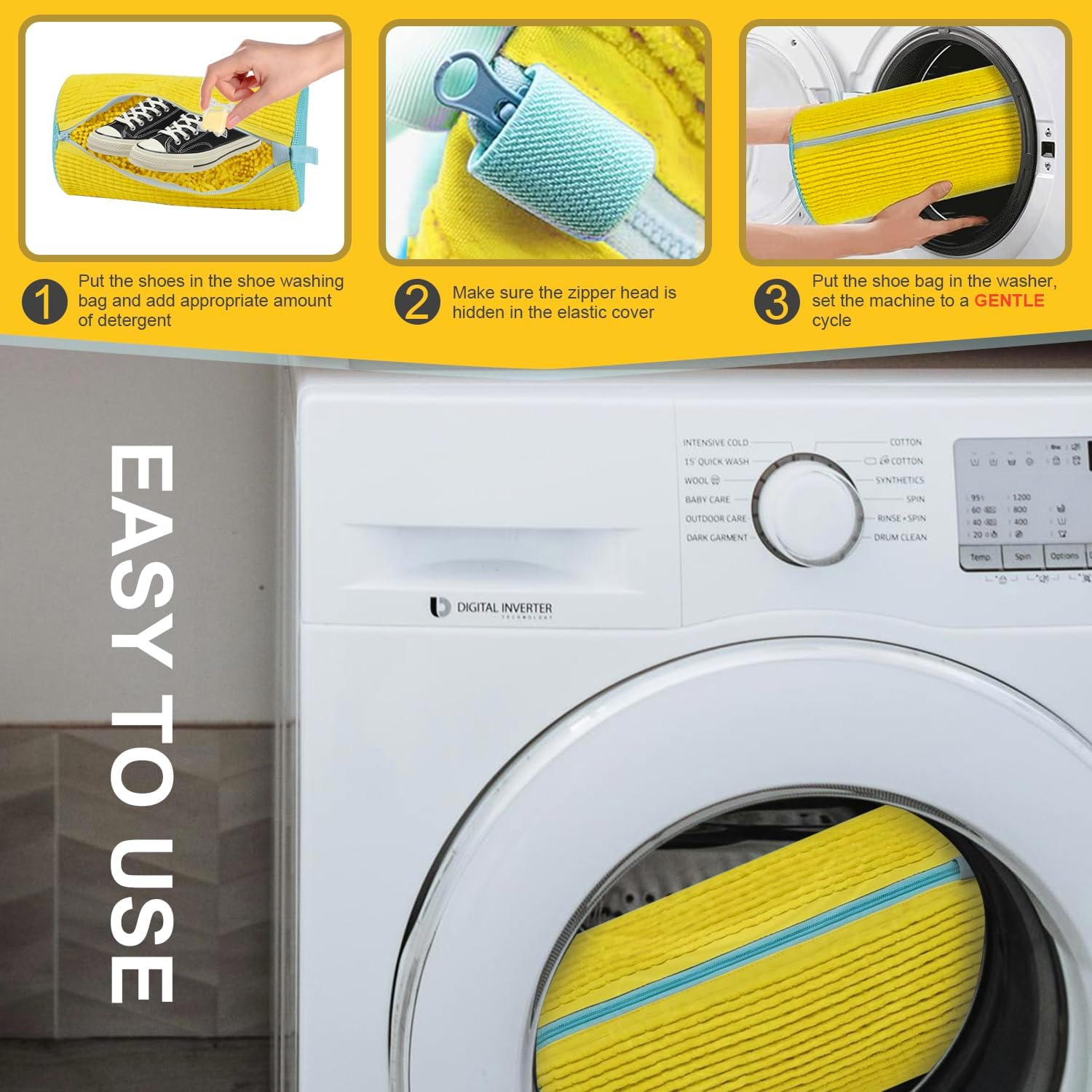 Chamgeco 2PCS Shoe Washing Machine Bag, Large Laundry Shoe Bag for Washer and Dryer, Reusable Shoe Cleaning Bags for Sneakers, Tennis & Gym Shoes, 360&deg; Wrap-Around Cleaning (Yellow, 2PCS) - Blue image number 3
