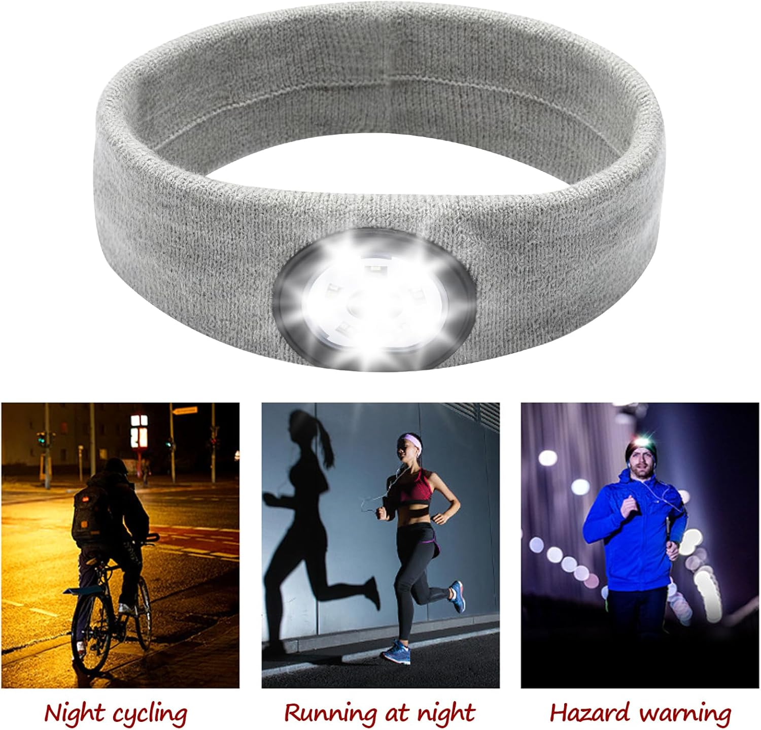 Yuraigm LED Illuminated Headband, Rechargeable USB Running Headbands with Light, Extremely Bright 5 LED Lamp, Winter Warm Headlamp with 3-Level Brightness for Men and Women, Gifts (Grey) image number 1