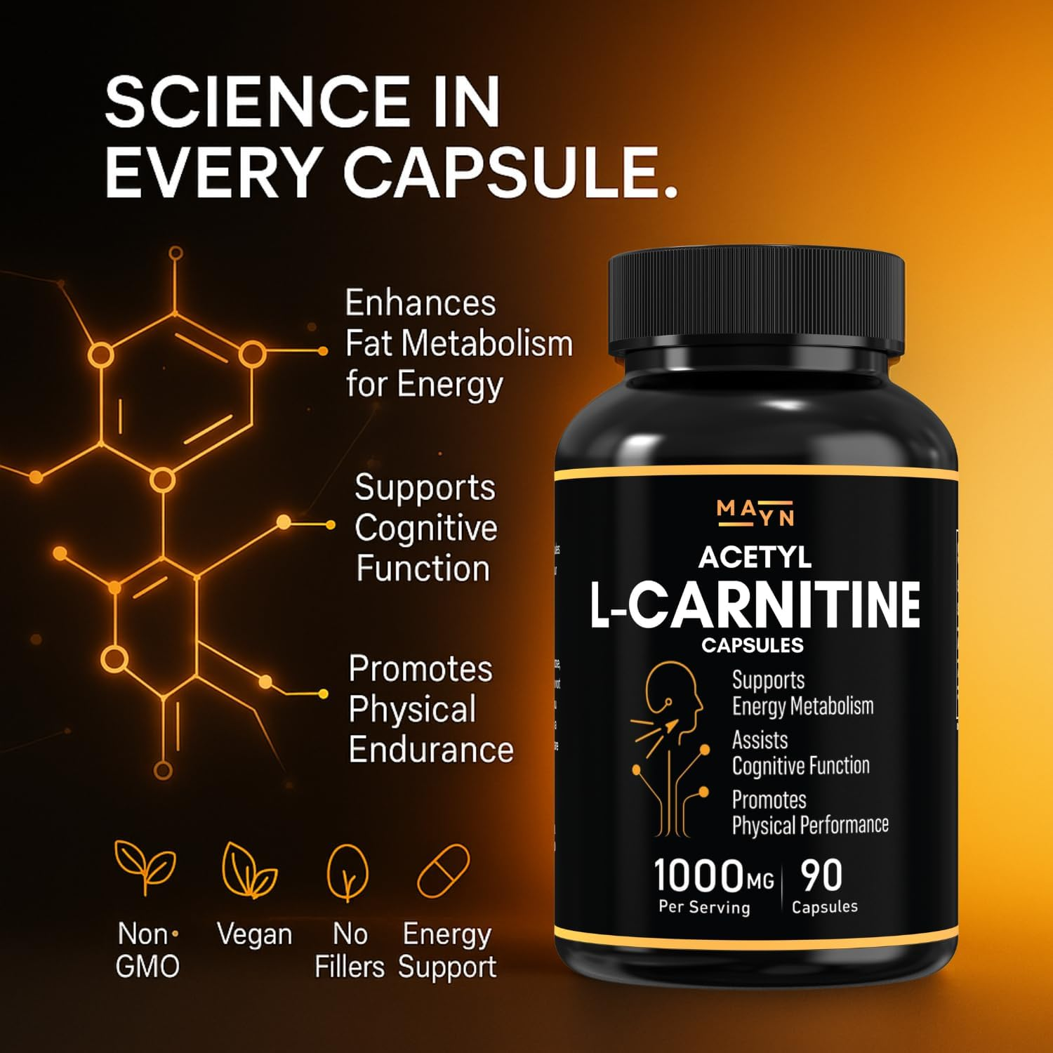 Acetyl L-Carnitine 1000Mg &ndash; Vegan Capsules | Plant-Based Amino Acid | Non-Gmo, Gluten-Free, No Fillers | Energy Support by MAYN image number 4