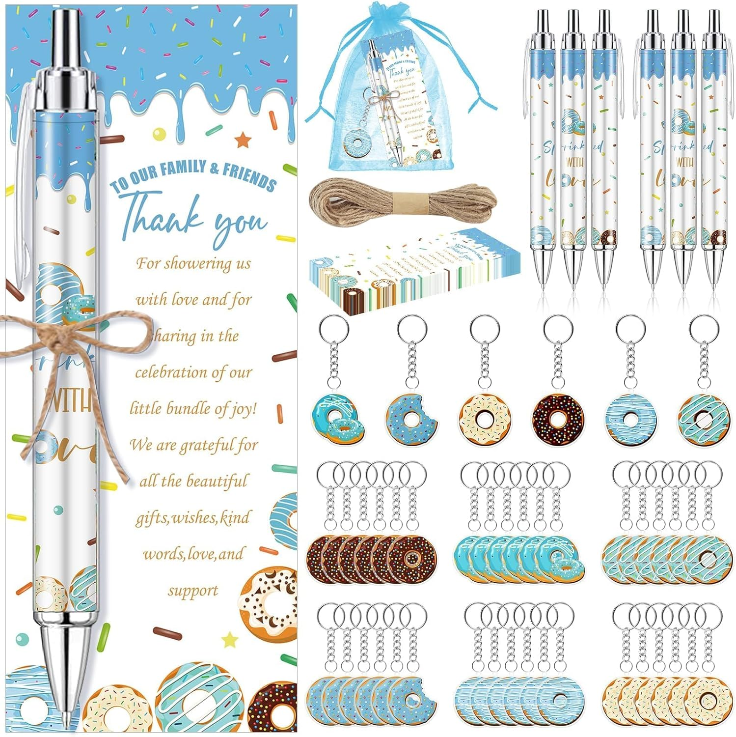 145 Pieces Donut Baby Shower Favors for Guest Sprinkled with Love Ballpoint Pens and Keychains Gifts for Boys Bulk Retractable Baby Shower Pens Gender Reveal Thank You Cards Souvenirs Prizes image number 6