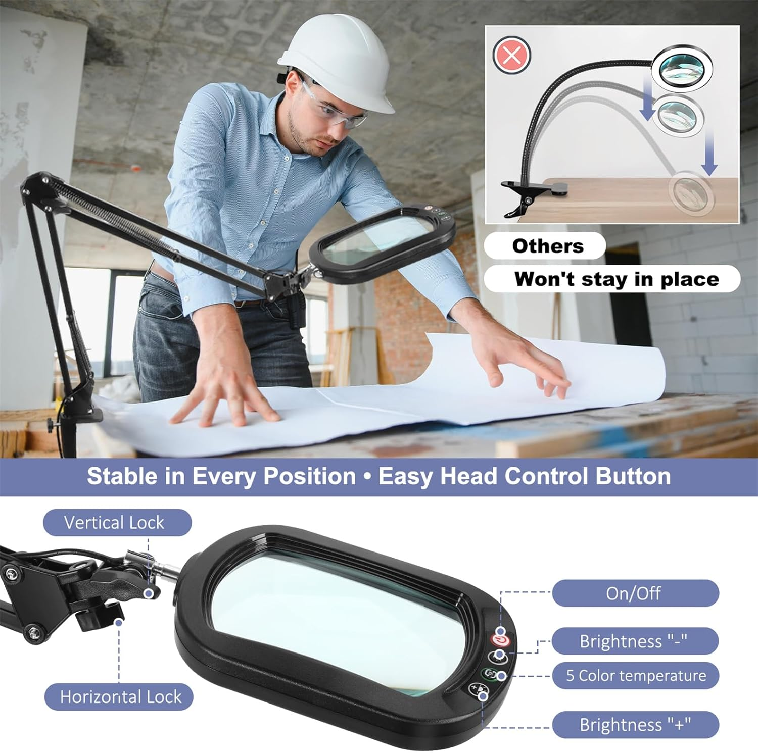 10X Rectangle Magnifying Glass with Light and Clamp, 5 Color Modes Stepless Dimmable, Lighted Magnifier with Stand Hands Free, Flexible Swing Arm LED Desk Lamp for Reading Painting Close Work image number 5