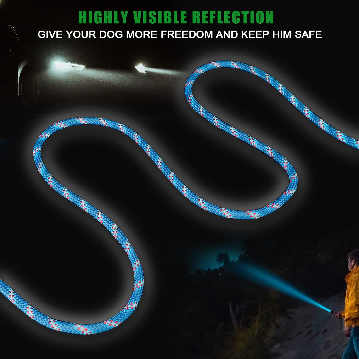 Dog Camping Essentials,Tie Out Cable for Camping,50Ft Portable Trolley System with 10Ft Runner Lead for Dogs up to 200Lbs，Portable Reflective Dog Lead Line for Yard, Park and Outdoor (Blue) image number 1