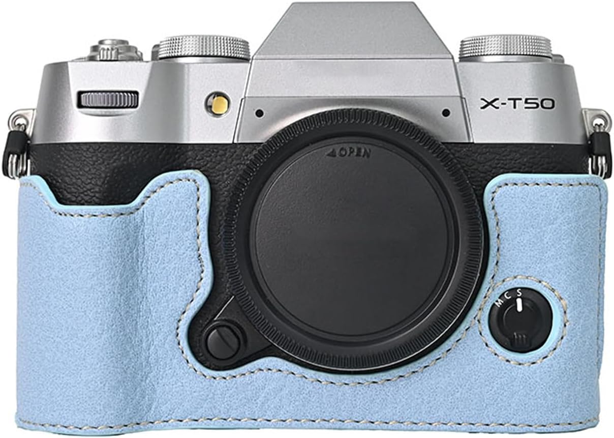 VOVMOEYA Camera Case for FUJIFILM X-T50 Mirrorless Digital Camera,Fuji XT50 Half Case with Soft Microfiber Inner,Function Well with 1/4"-20 Thread Hole Retro PU Leather Texture-Light Blue