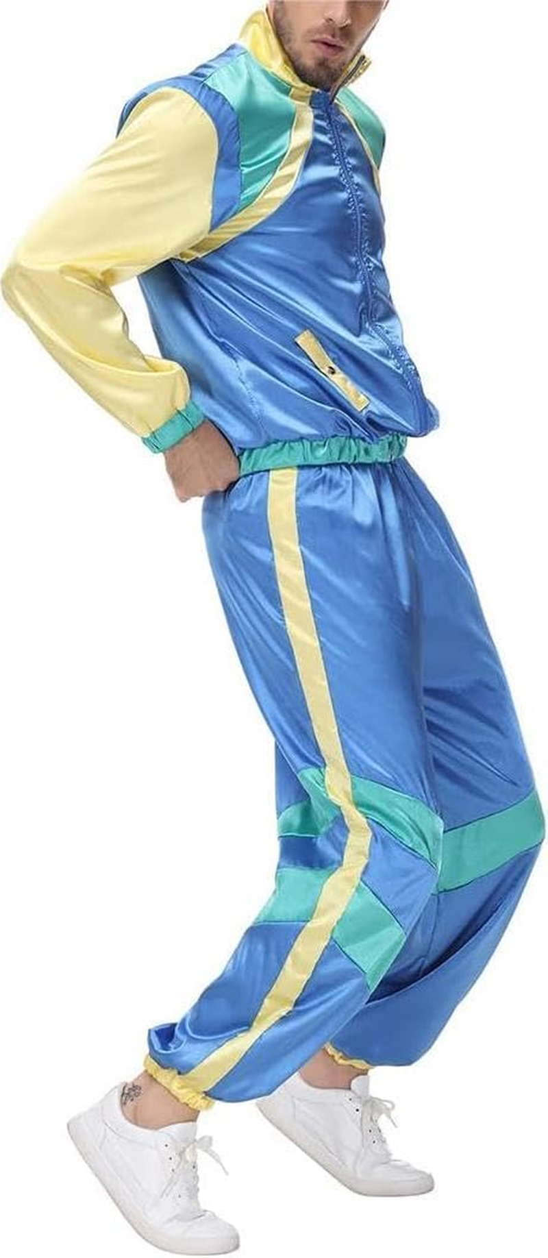 Women Men 80S 90S Costume Color Block Tracksuit Windbreaker Long Sleeve Zip Front Jacket Pants Headband Set image number 3