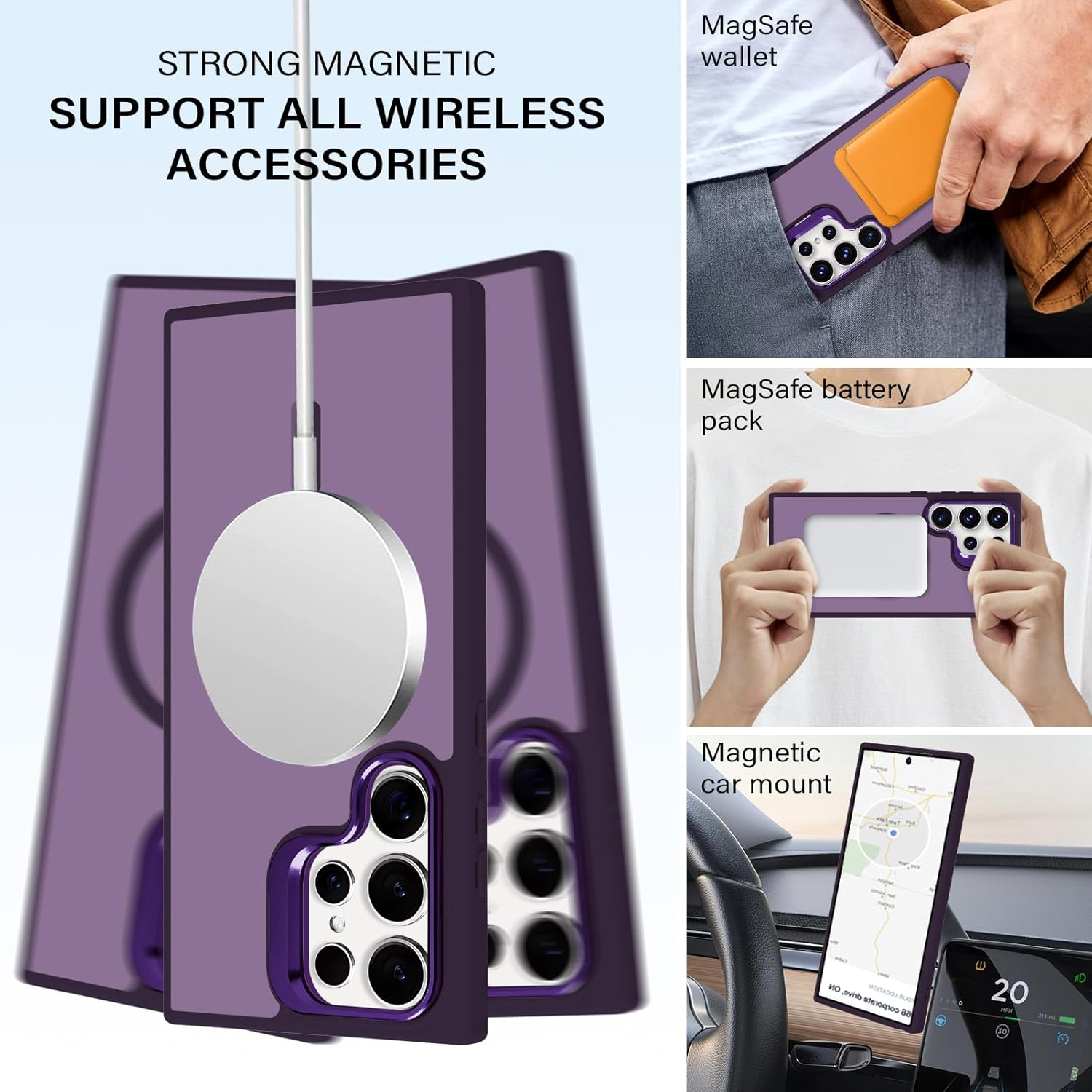 Tcaraersing for Samsung Galaxy S24 Ultra Magnetic Case with Stand [Compatible with Magsafe] Built-In Camera Ring Holder Stash Kickstand Slim Matte Frosted Cover Anti-Fingerprint, Translucent Purple image number 3