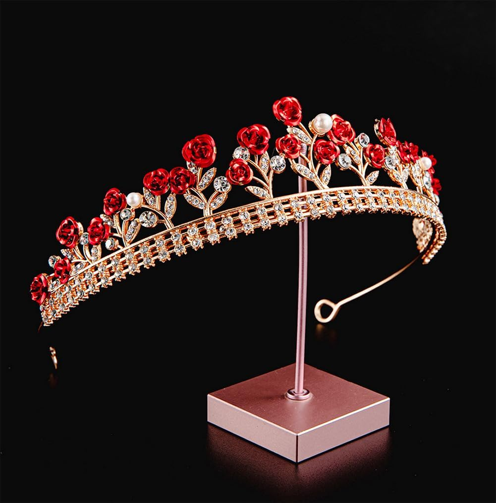 Glitter Red Rose Rhinestone Pearl Tiara Bride Princess Floral Crown Headband Headpiece Hair Jewelry for Wedding Party Birthday image number 3