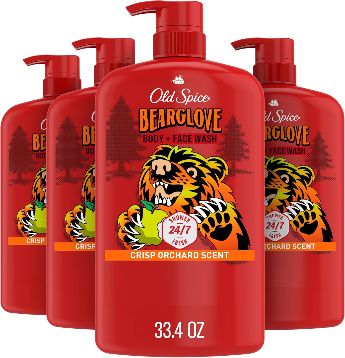 Old Spice Cleansing Body Wash for Men, 3X Defense, 24/7 Shower Fresh with Lasting Scent, 2-In-1 Body & Face Wash, Bearglove with Crisp Orchard Scent, 33.4 (Pack of 4)
