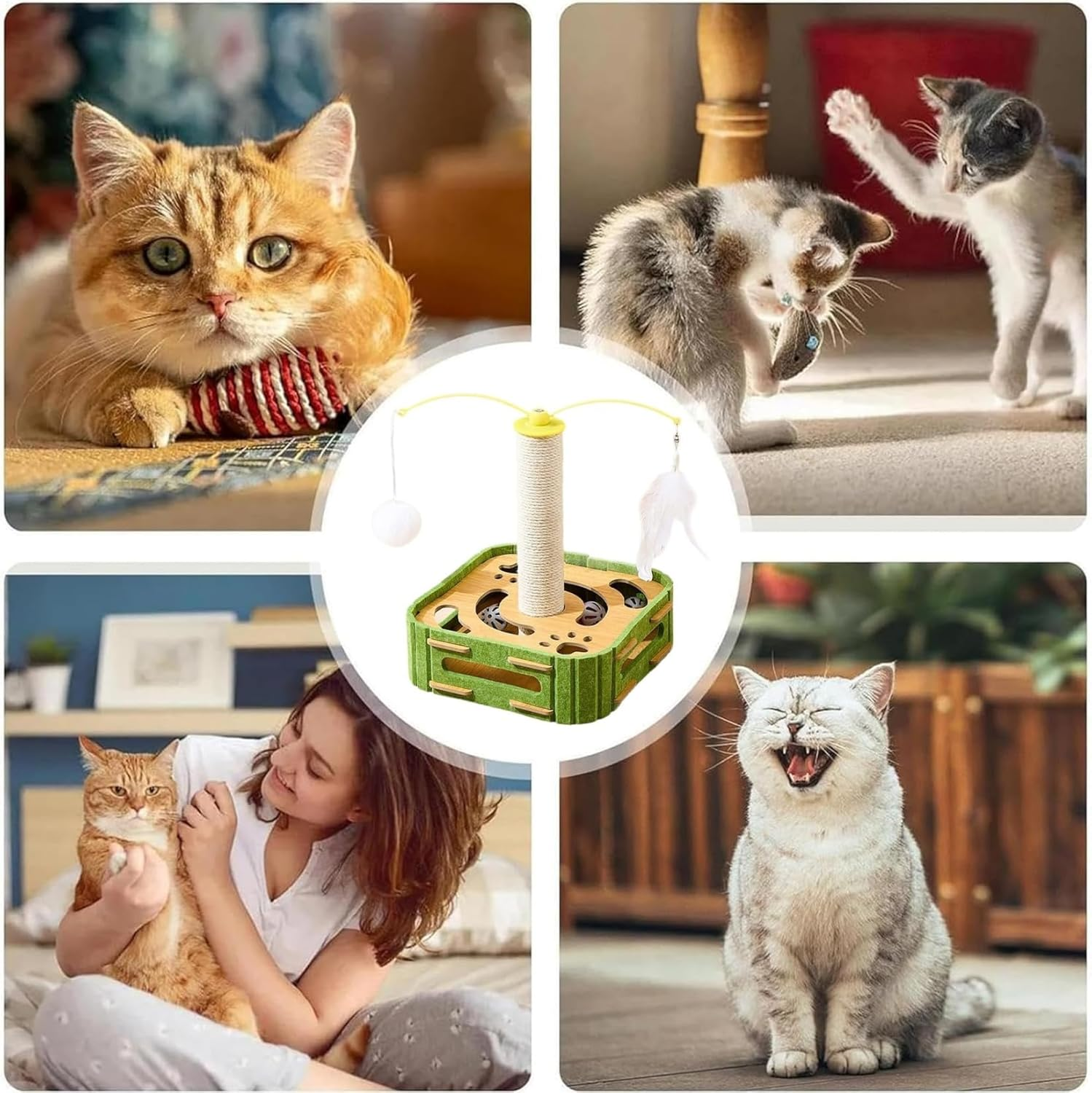 Cat Scratching Post with Multiple Interactive Toys, Vertical Sisal Cat Scratcher with Dangling Balls, Feather Teaser, Kitten Track Ball Toy for Indoor Cats (Square,Puzzle Box with Cat Post) image number 1