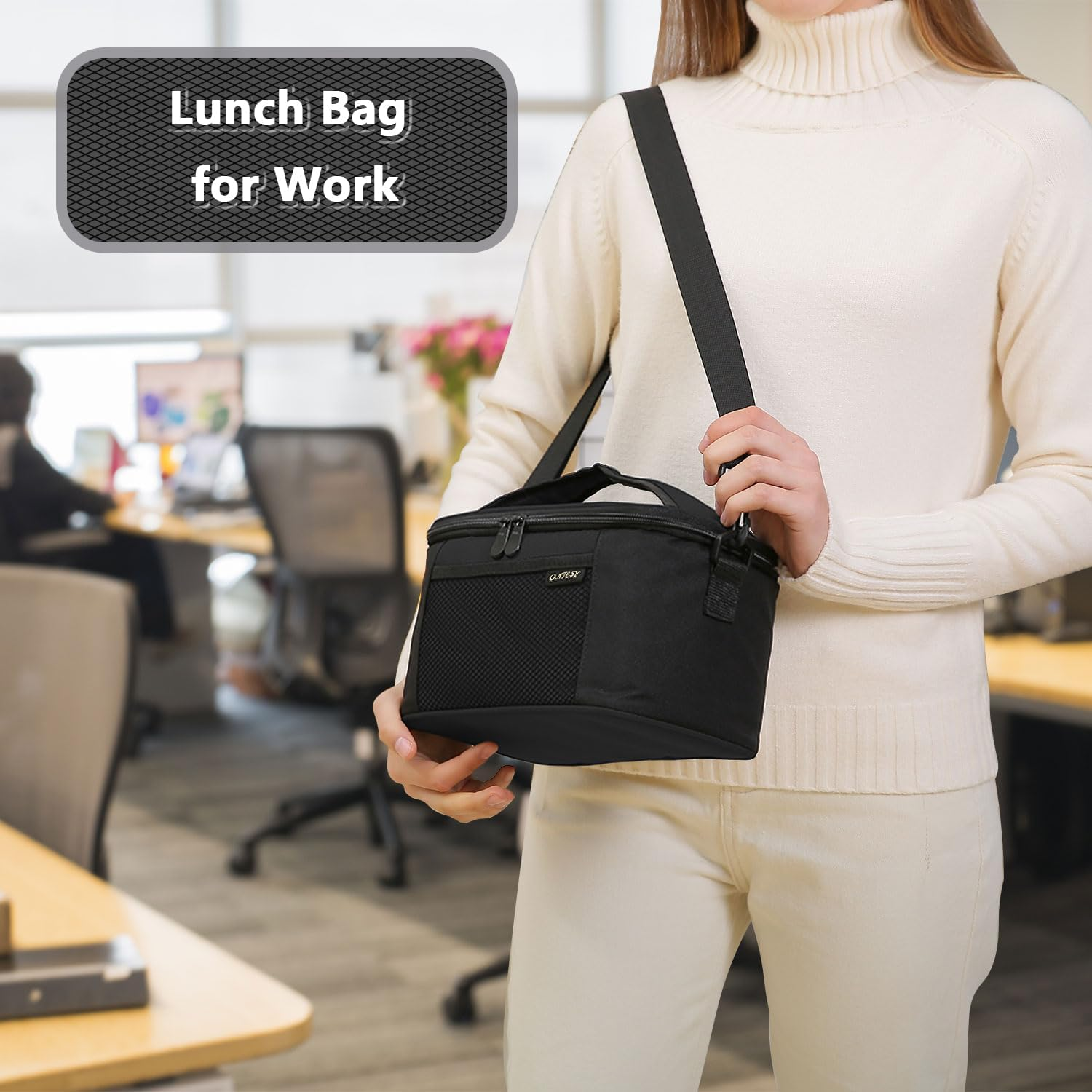 ONTESY Black Lunch Box for Men Women, Solid Color Insulated Bag for Work School Picnic Foldable Medium Size Leakproof Cooler for Kids Boys Girls with Adjustable Shoulder Strap for - 7.2L - Black image number 2