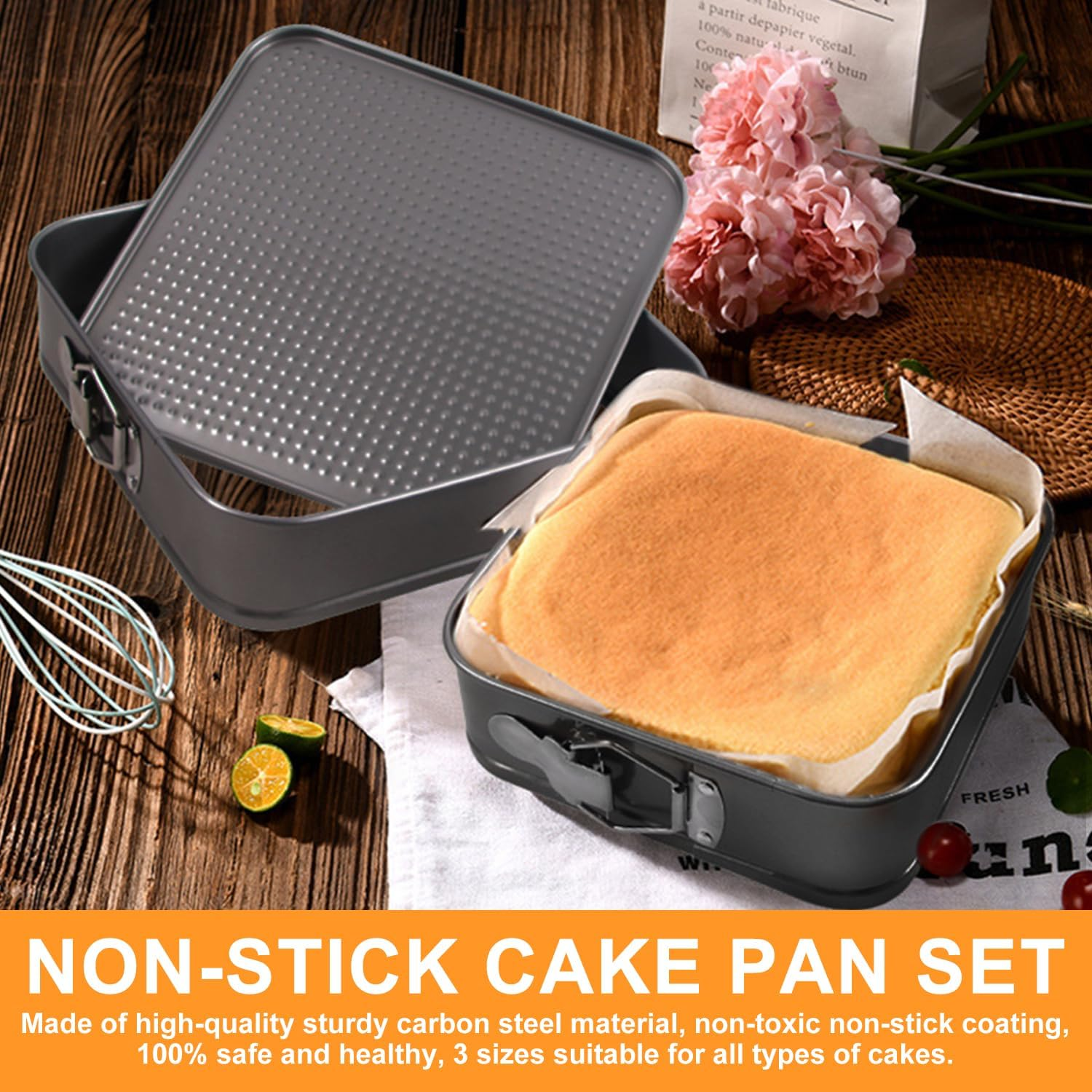 Springform Cake Pan Square, 3 Set of 9.6 Inch, 10.2 Inch, 11.2 Inch Cake Pan, Non-Stick Springform Leakproof Cake Pans Cake Tin, Removable Bottom, Suitable for Cake Baking, Kitchen Lovers image number 2