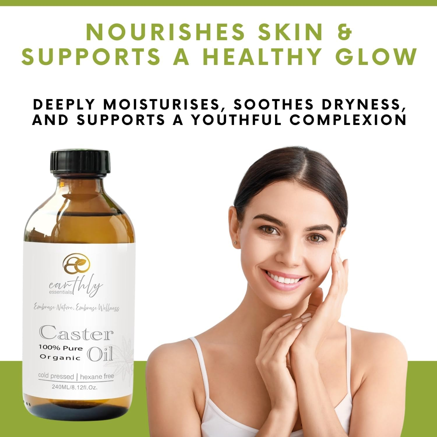 100% Pure Castor Oil &ndash; 240Ml Cold-Pressed in Glass Bottle with Pump | Organic & Hexane-Free for Hair Growth, Scalp Care, Skin Hydration, Eyelashes, Brows & Nails