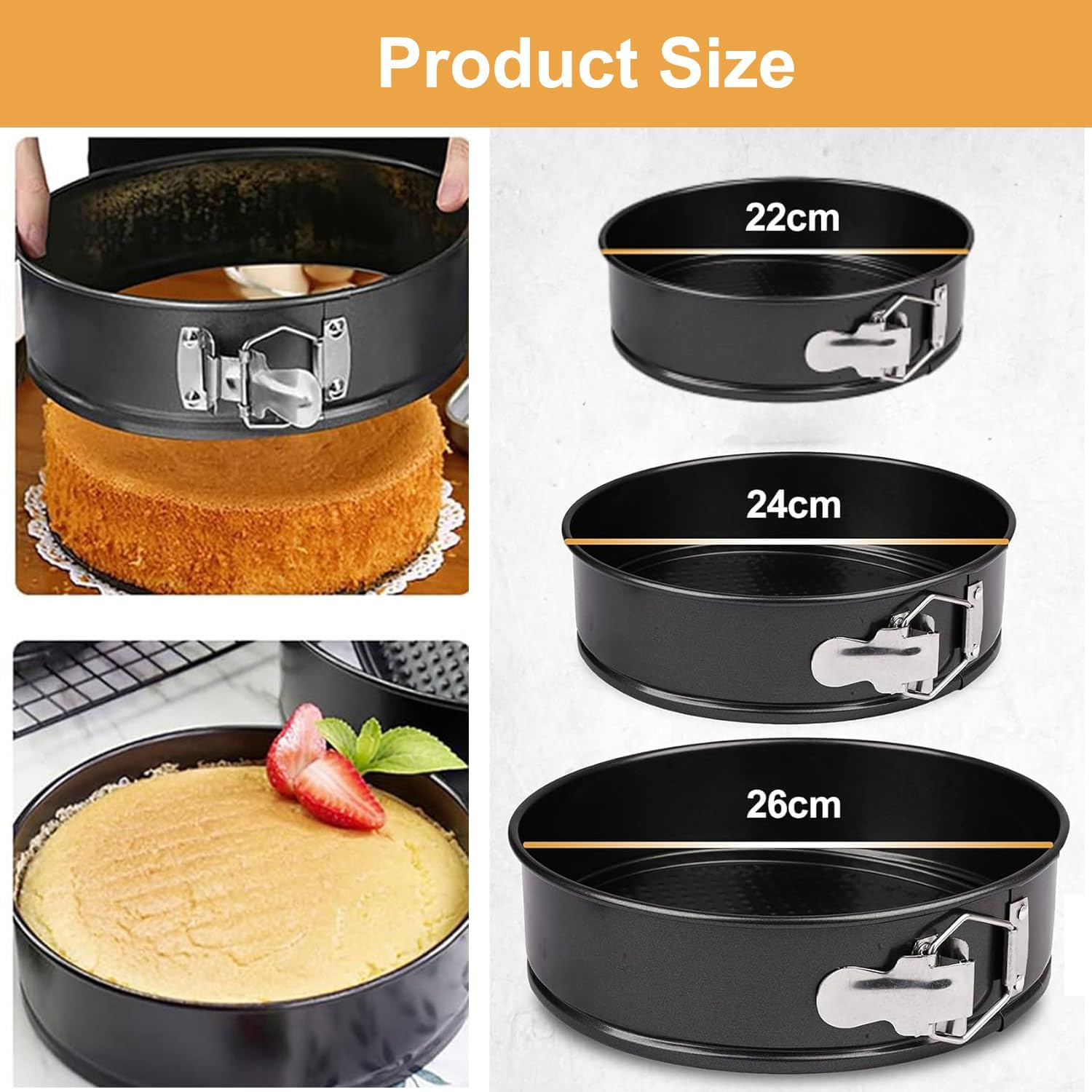 Roczential 3-Pack Springform Cake Pans, Non-Stick Cheesecake Pans with Removable Base, Leak-Proof round Cake Pan Set round Springform Molds (22Cm + 24Cm + 26Cm) image number 2
