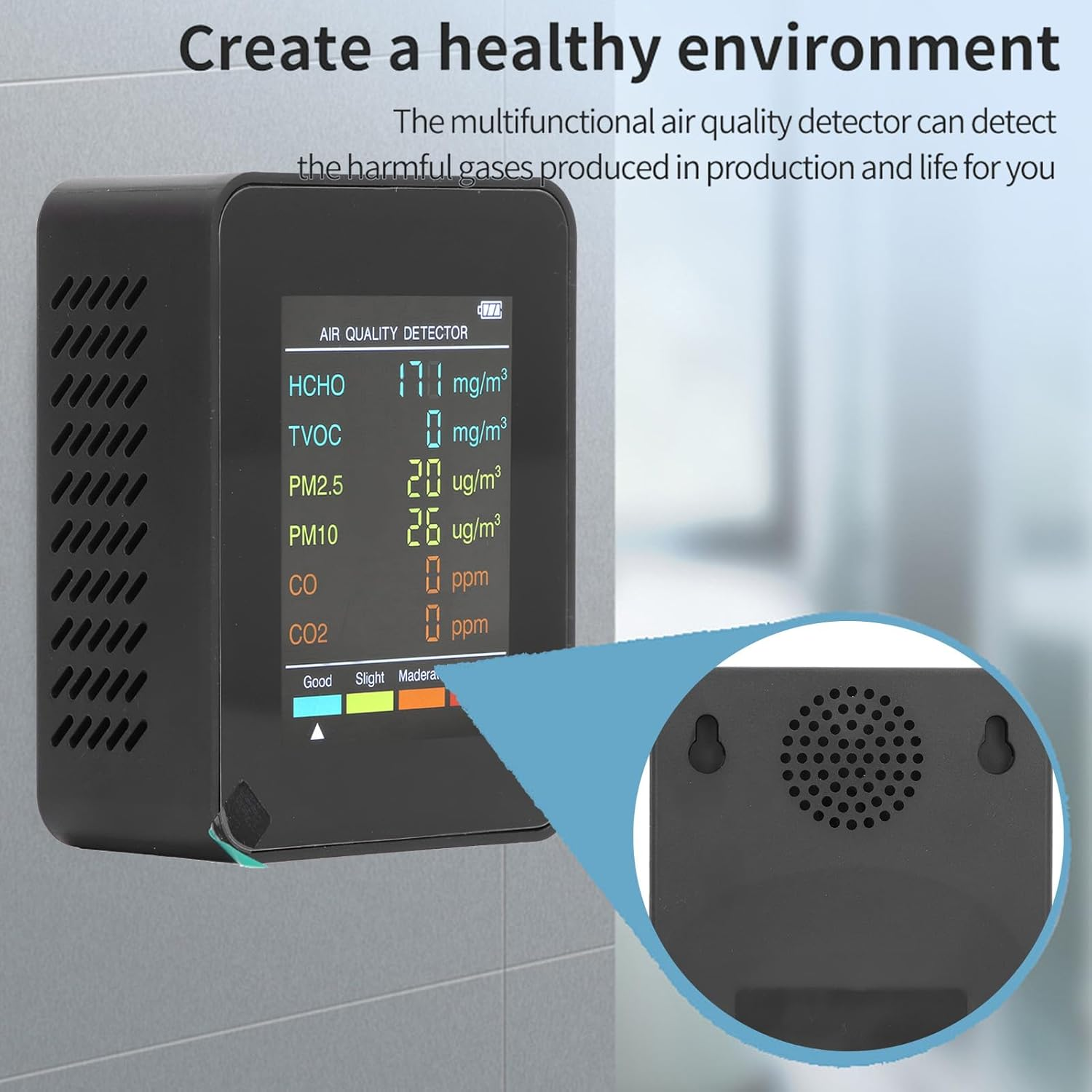 Air Quality Monitor, CO2 TVOC HCHO PM2.5 PM10 Indoor Air Quality Tester for Home, with LCD Backlit, USB Rechargeable (Black)