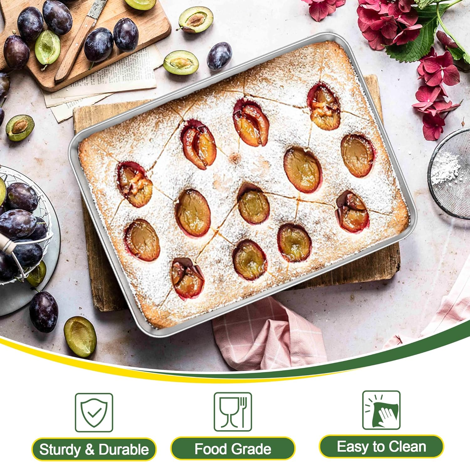 E-Far Baking Pans Set of 3, 16/12.5/9.3 Inch Stainless Steel Cookie Sheet Pan for Oven, Bakeware for Brownie Lasagna Casserole Cake, Non Toxic & Easy Clean