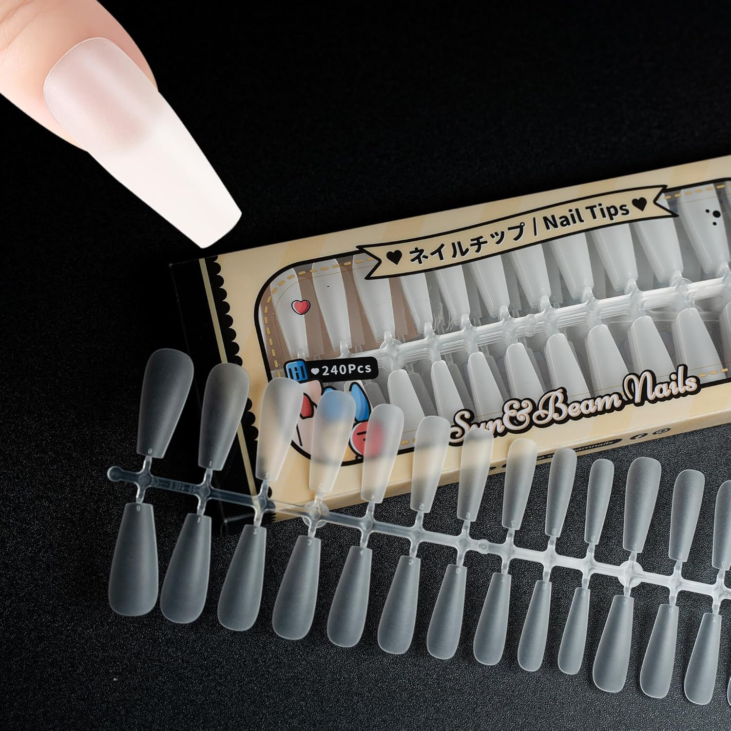 Sun&Beam Nails Fake Nails for Nails DIY Transparent Pop Translucent Clear Frosted Press on Nails Large Capacity Including Storage Box 12 Sizes 504 Pcs (#5-Short Ballerina Frosted)