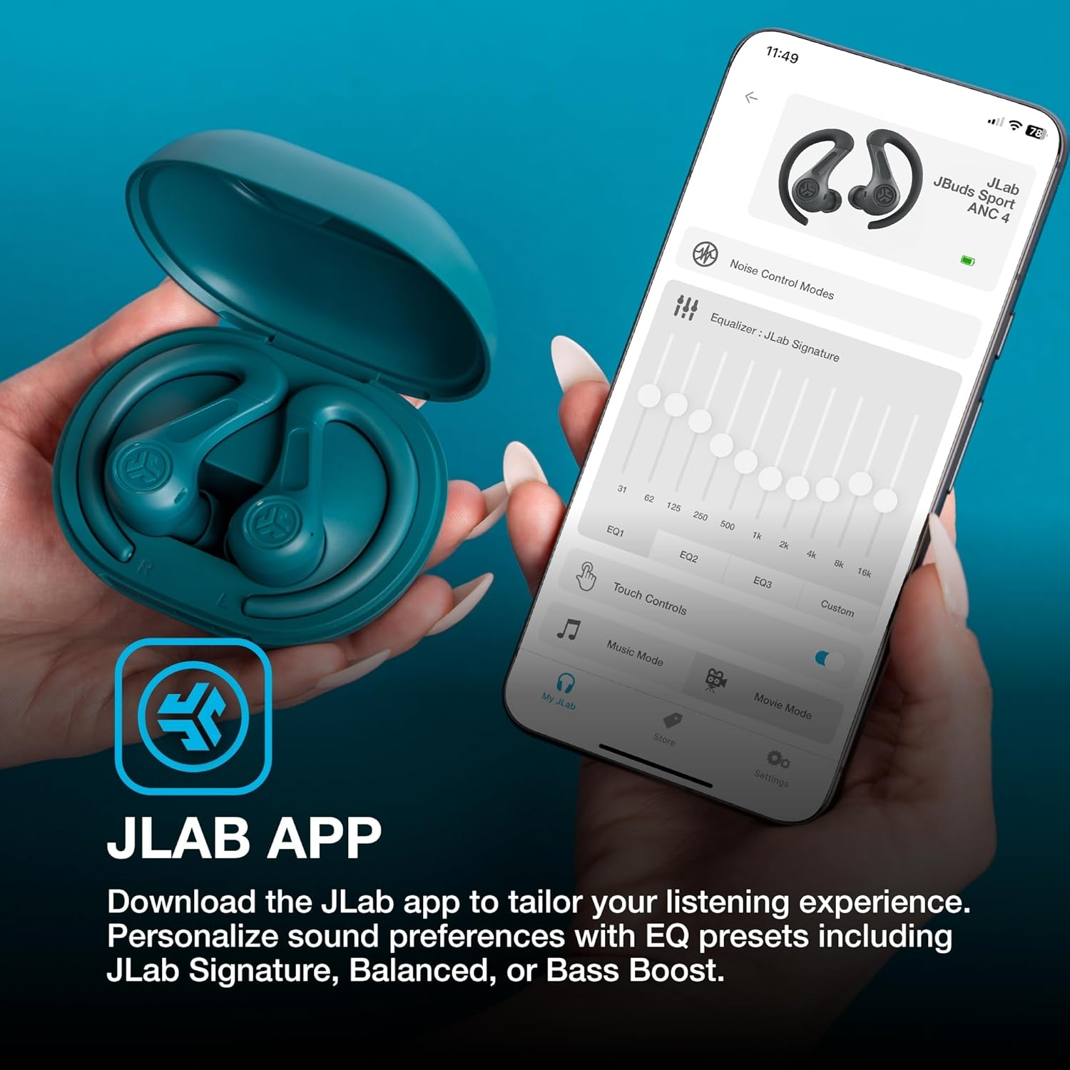 Jlab Jbuds Sport ANC 4 True Wireless Bluetooth Earbuds + Charging Case, Teal, Swipe + Touch Controls, Hybrid Active Noise Cancelation, Multipoint Connect, Customized Settings App