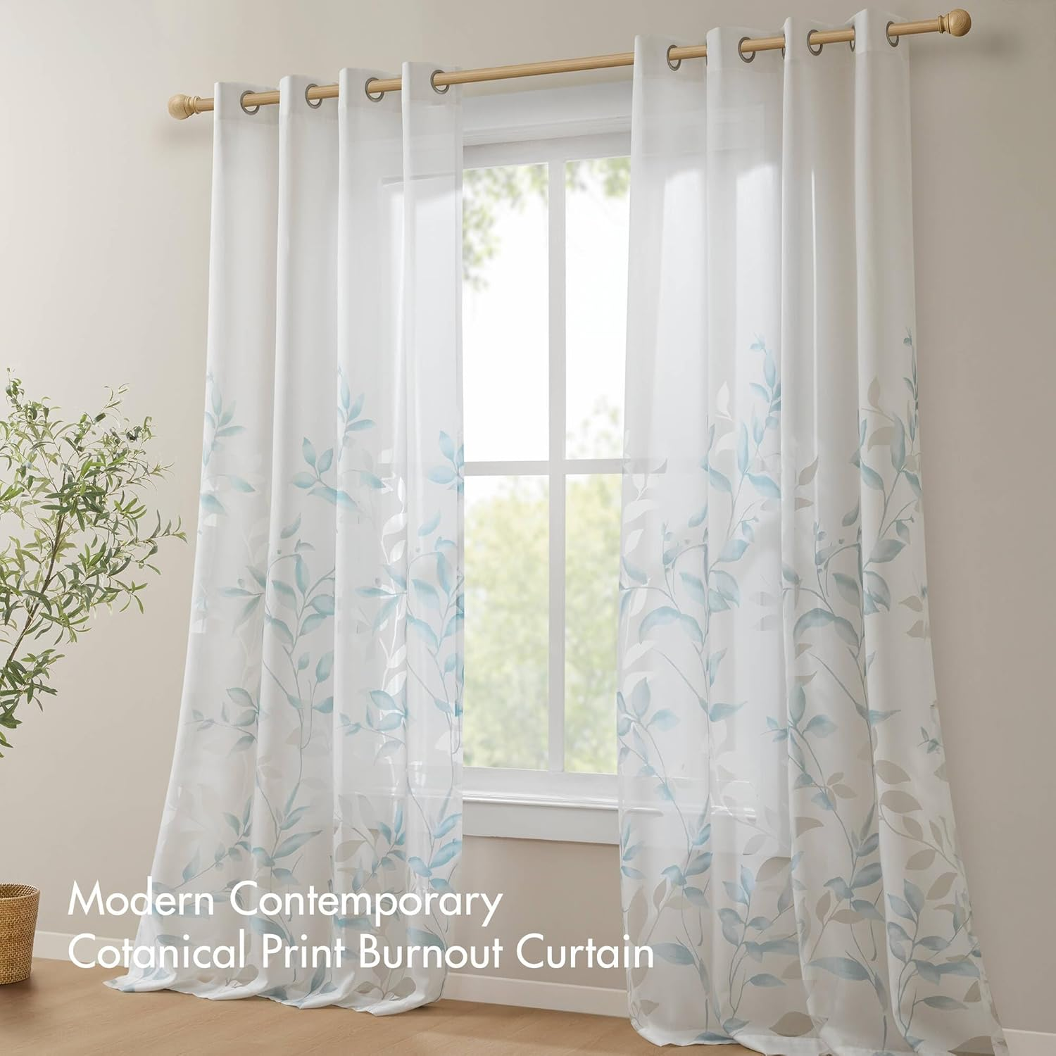 Madison Park Cecily Semi Sheer Single Panel Window Curtain Burnout Botanical Print, Easy to Hang, Fits up to 1.25" Diameter Rod, 50X84, Leaves Aqua image number 7