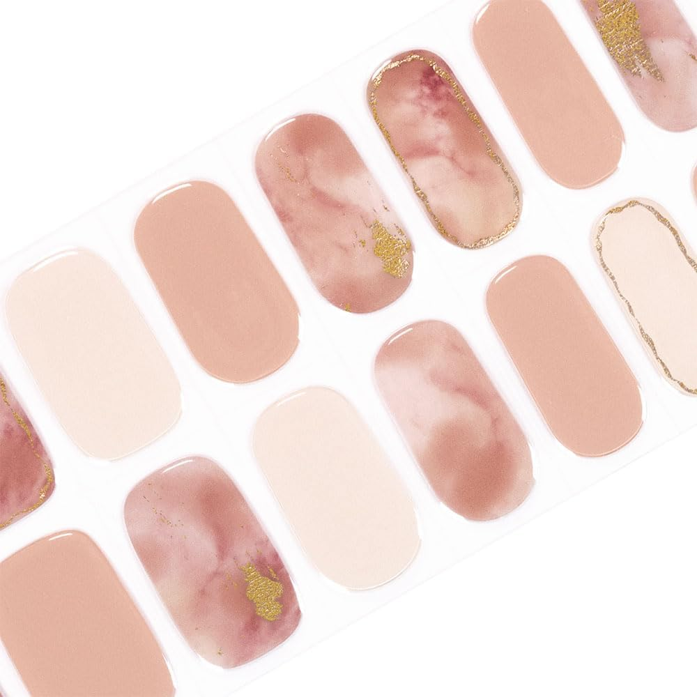 Wilana Gel Nail Stickers - Long-Lasting Semi-Cured Gel Nail Strips - Pink Marble and Gold (Nude Quartz)