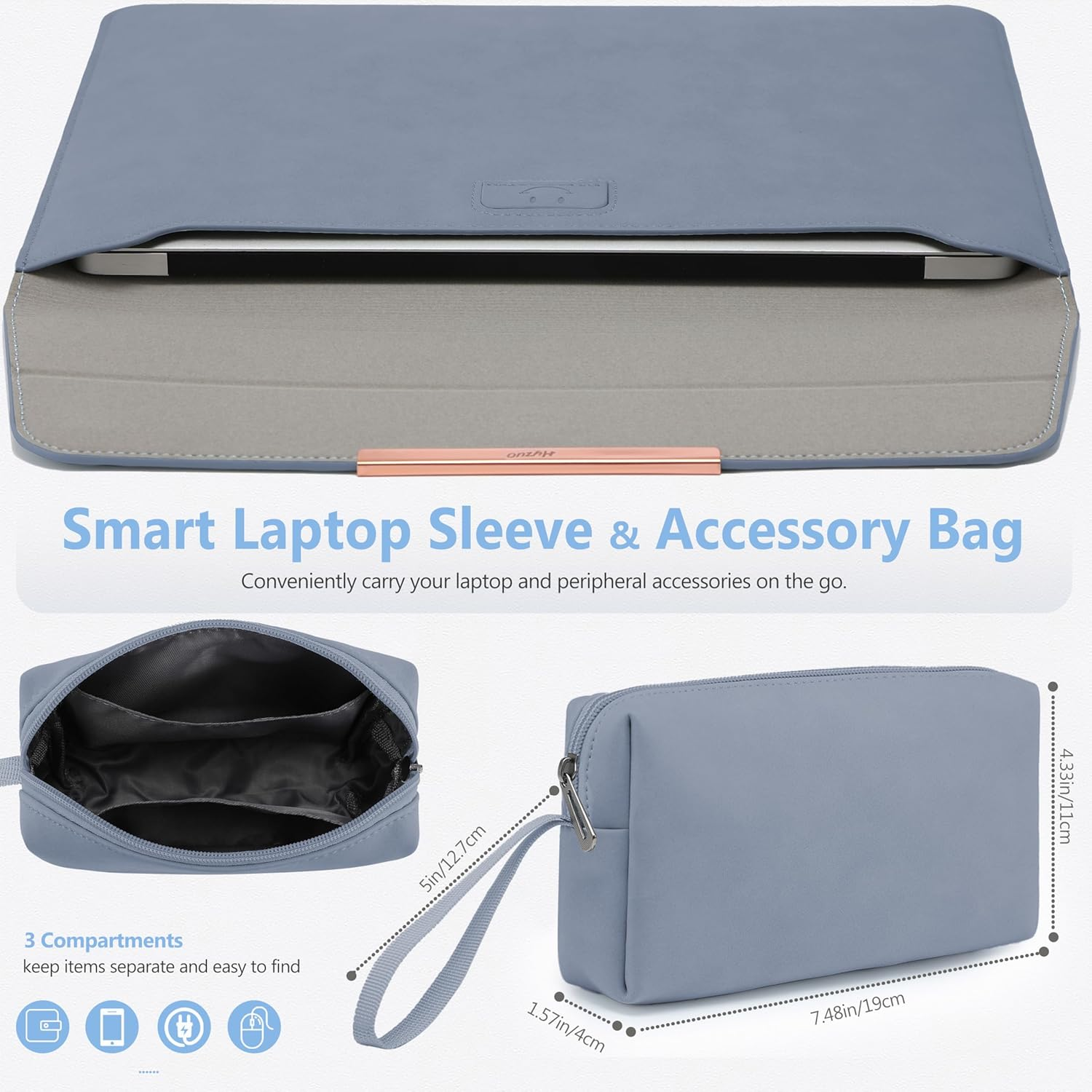 HYZUO 15-16 Inch Laptop Sleeve Case with Stand for Macbook Pro 16 M4/M3/M2/M1 Pro/Max 2025-2019, Macbook Pro 15 2015-2012, XPS 15, Samsung Galaxy Book Flex/Pro 15, Haze Blue(Smiley) image number 7