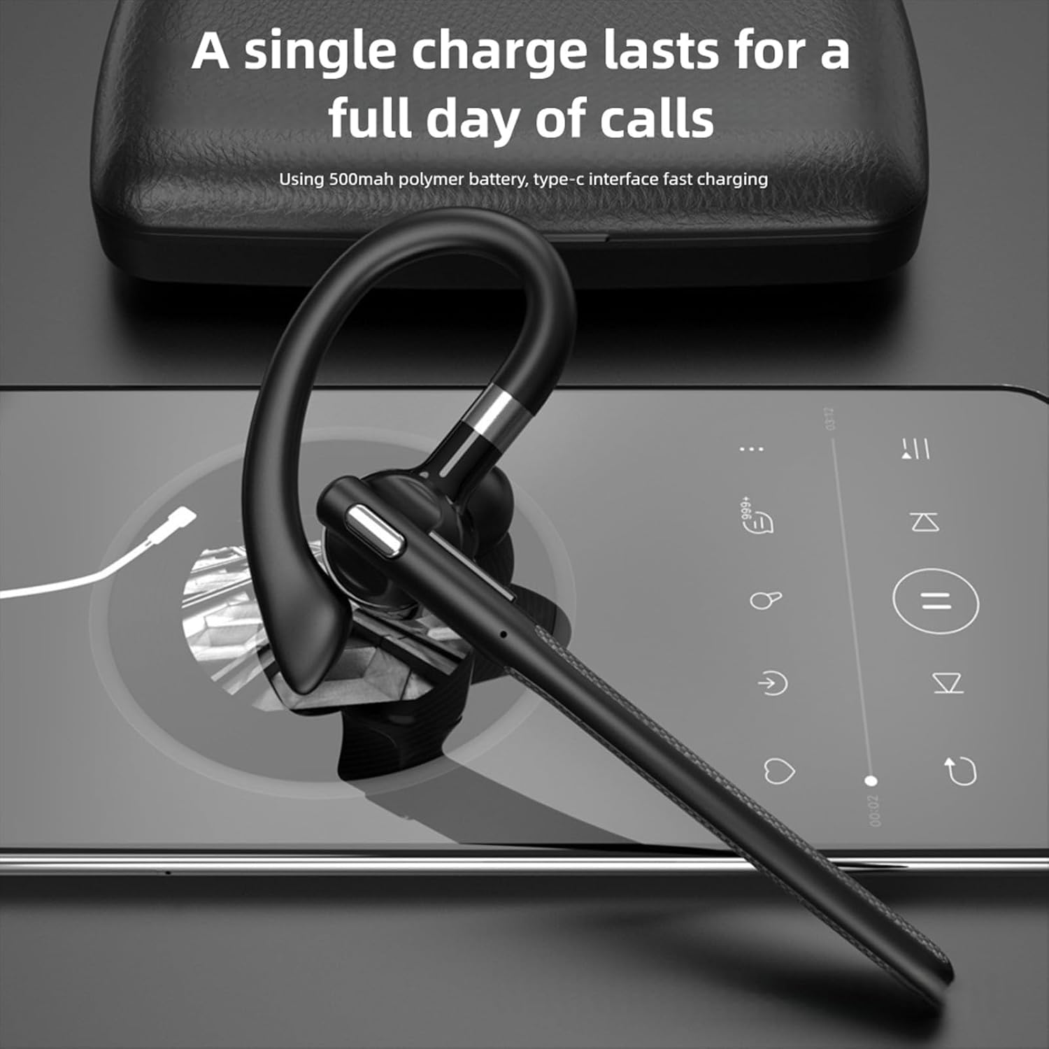 Sxhlseller Bluetooth Headset V5.4, 180H Playtime Single Ear Earpiece with 500Mah Charging Case, 144 Languages AI Translation, 180&deg; Rotatable Mono Headphone image number 5