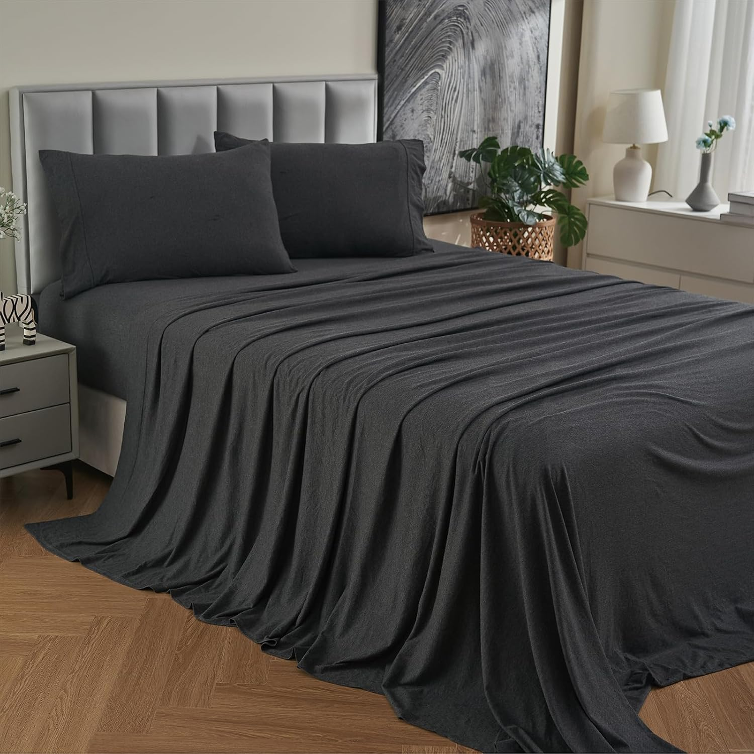 Jersey Cotton Queen Bed Sheets Breathable Ultra Soft Cotton Jersey Sheets Queen Comfy All Season 4Pcs Stretchy Knit T Shirt Fitted Jersey Sheet Set Queen Bed (Coffee Marle, Queen)