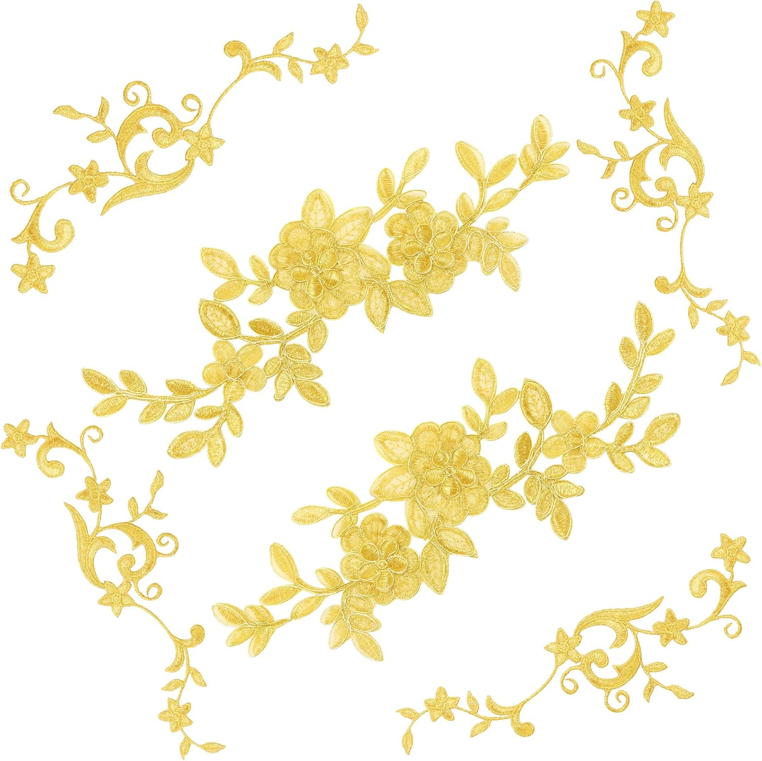 UHOMENY Gold Lace Flower Embroidery Patch, 6 Pieces Blossom Fabric Flower Gold Applique Leaves Vines Iron on Patches Sewing Craft Decoration Lace Appliques for Wedding Prom Dress DIY Clothing Jean image number 2