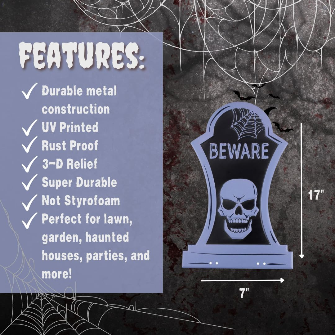 3-D Metal Halloween Ghost Cemetery XL 17" Tombstone W Stakes -BEWARE- Durable, Rustproof, UV Raised Printing- Upgrade Your Haunted House Mansion W Cemetary Lawn Decor- No More Flimsy Foam Graveyards image number 2