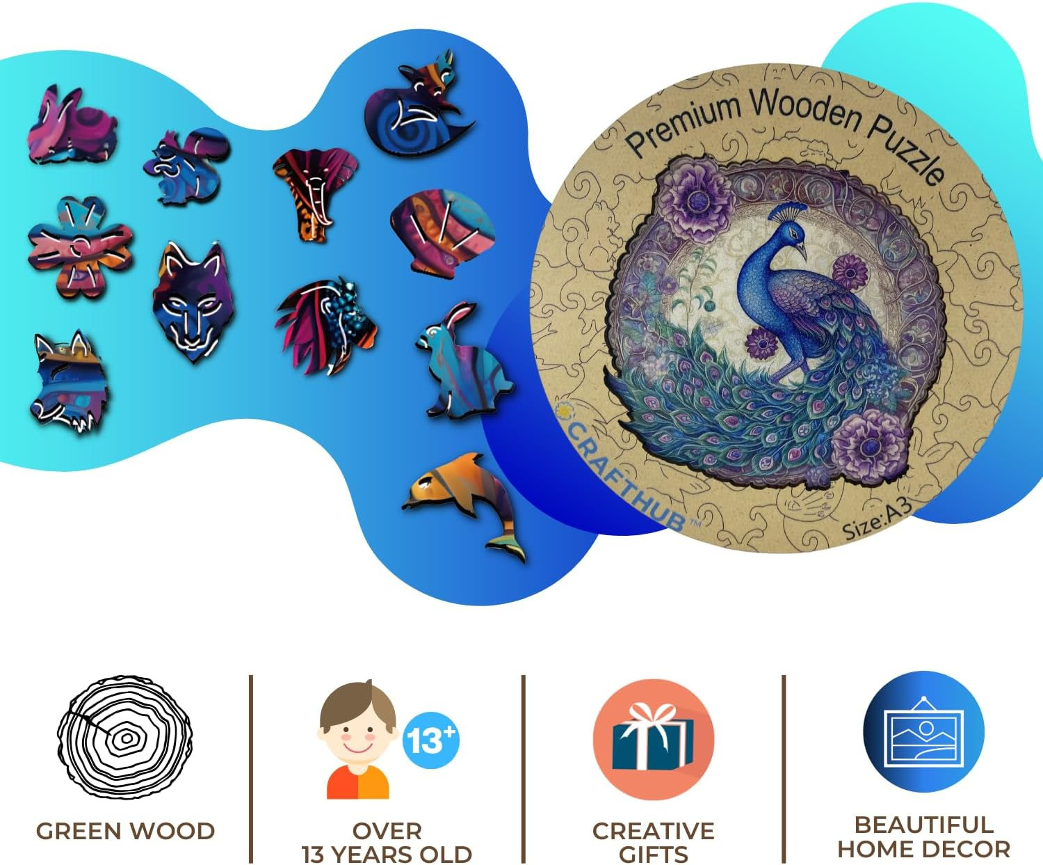 CRAFTHUB Enchanted Feather Blue and Purple Peacock Surrounded by Flowers Wooden Jigsaw Puzzle, Large/A3 image number 1