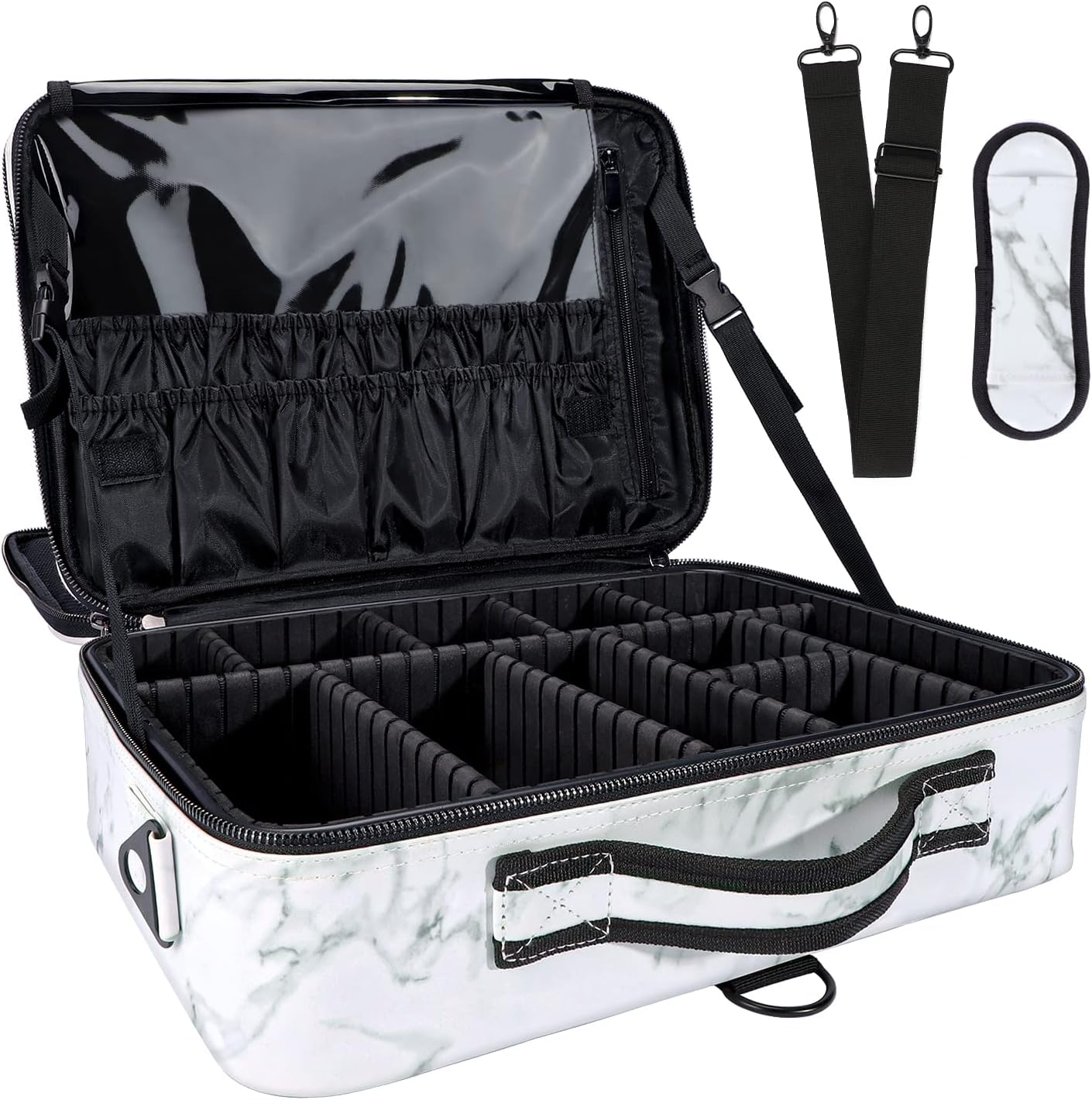 Makeup Case Travel - Large Makeup Bag 16" Professional Makeup Train Case with Adjustable Strap, Leather Makeup Artist Box for Hair Curler Hair Straightener Brush Set and Cosmetic, White Marble,