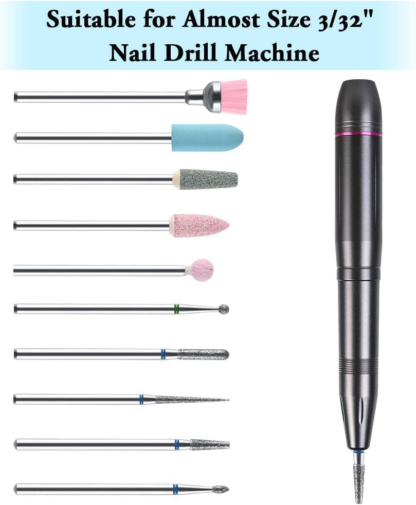 URAQT Nail Drill Bits Set, 10 Pcs Electric Nail Drill Kit 3/32", "Professional Cuticle Polishing Bits for Acrylic Gel Nails, Electric Nail Files Manicure Pedicure Drill Tool image number 2